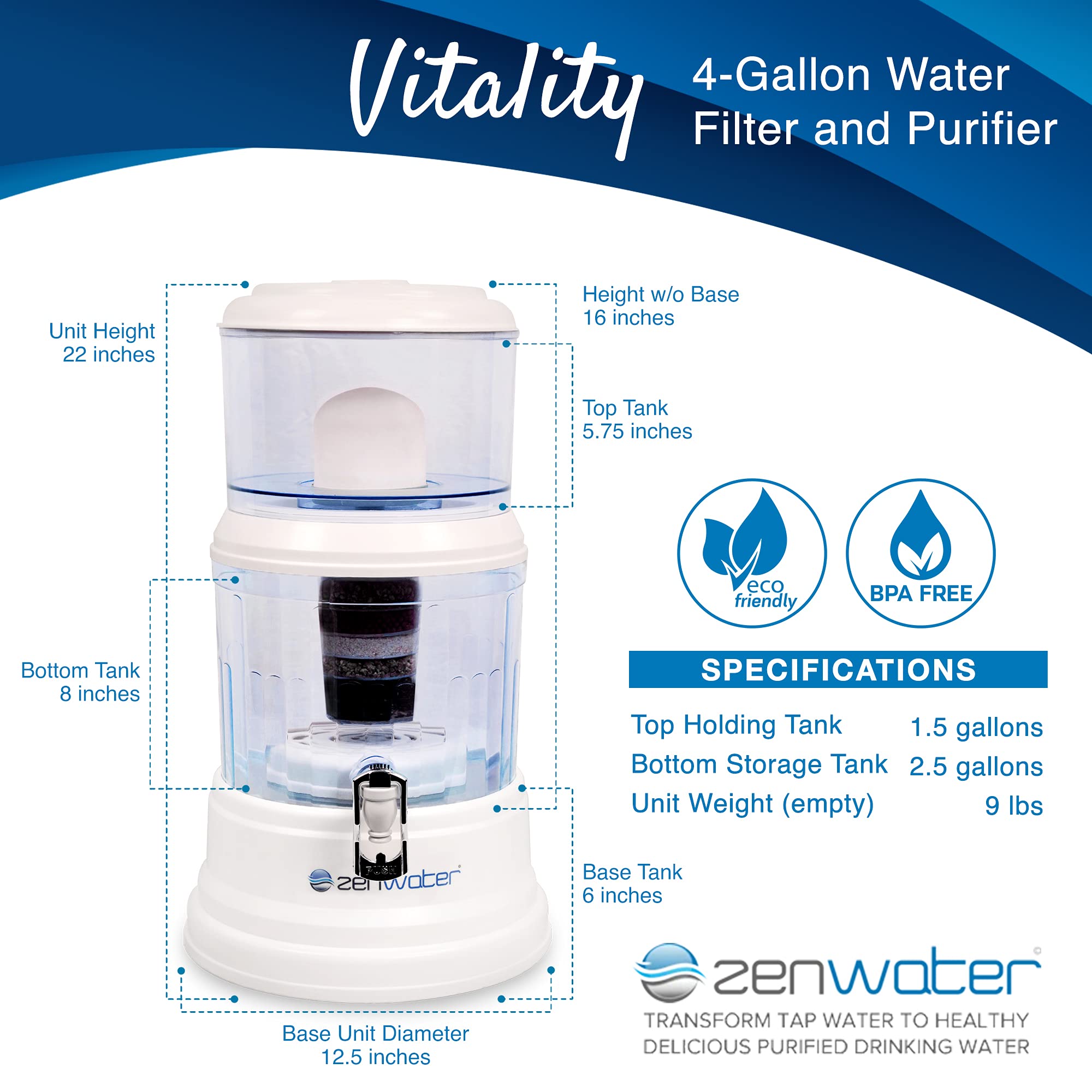 Zen Water - Water Filter System  Portable Water Purification System  4-Gallon Countertop Dispenser