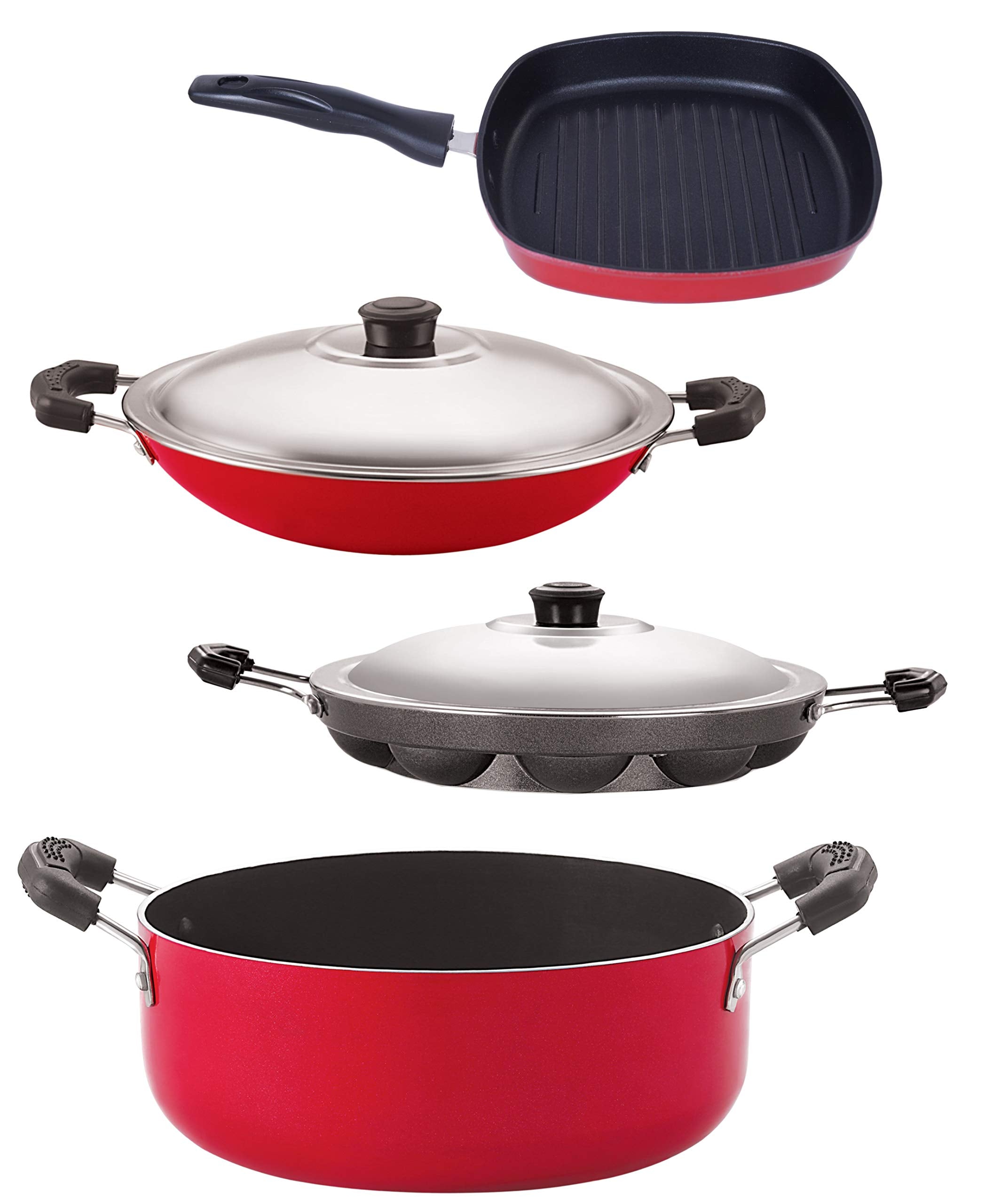 Nirlon NonStick Appachatti Appam Grill Pan Casserole Aluminium Cookware Set, 6Pieces, Red/Black(Ac_Ap12_Gp24.5_Cs24)