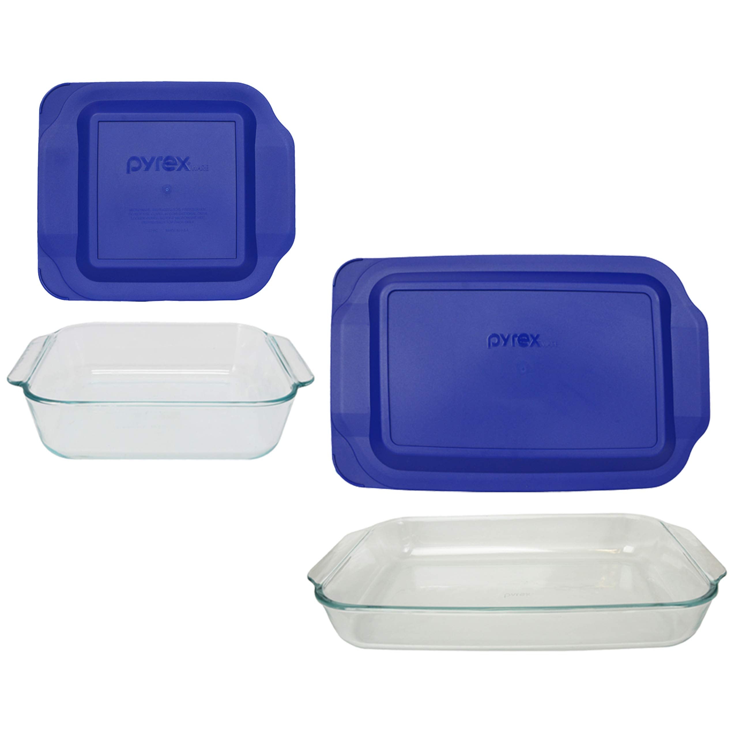 Pyrex Bundle - 4 Items: (1) 222 2qt Glass dish with (1) 222-PC 2qt Blue Lid & (1) 233 3qt Glass Dish with (1) 233-PC 3qt Blue Li