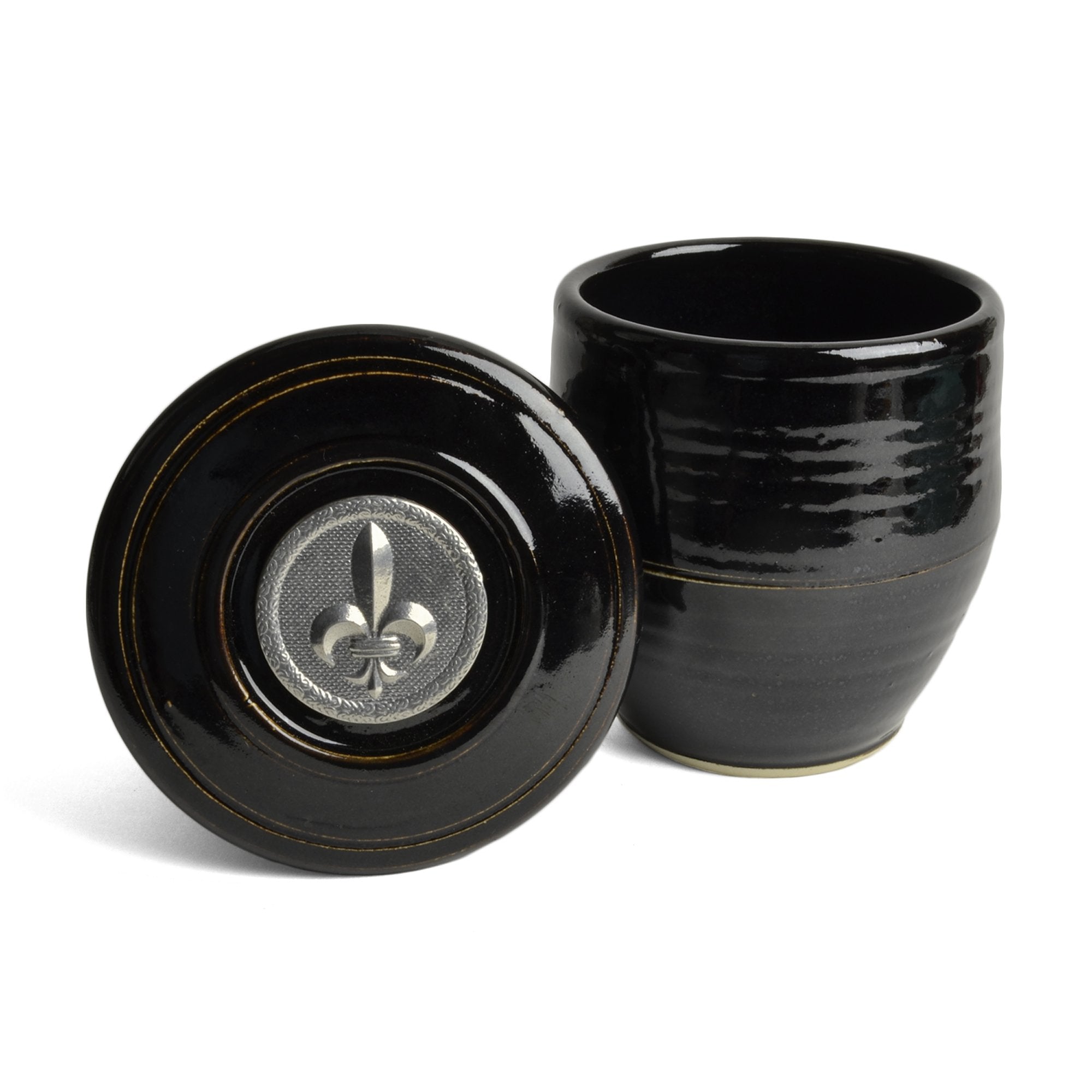 Oregon Stoneware Studio Handmade French Butter Keeper With Fleur De Lys Pewter Medallion, Blackberry