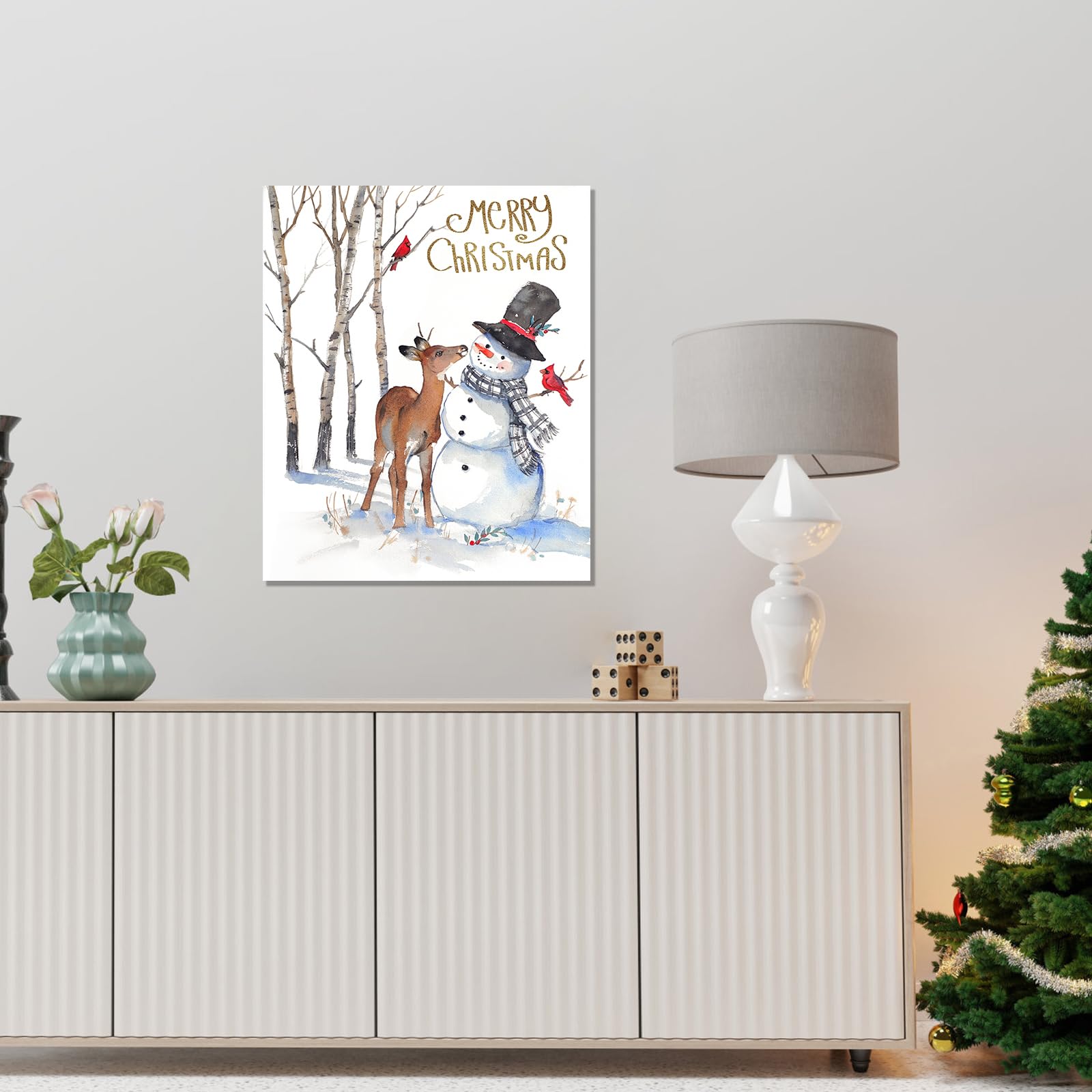 Merry Christmas Canvas Wall Art: Snowman Deer And Cardinal Red Bird Christmas Decor Picture Print - Winter Scene Painting White