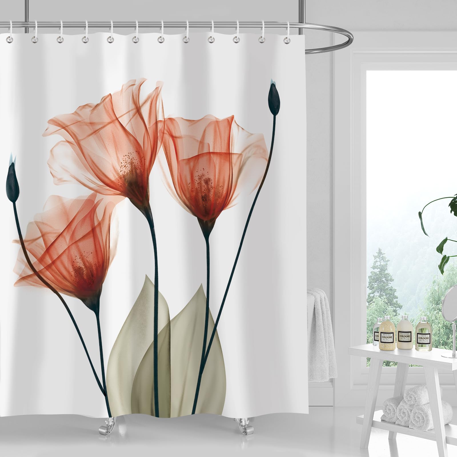Zchomi Orange Floral Shower Curtain Watercolor Tulip Flower Shower Curtain For Bathroom Waterproof Polyester Fabric Bathroom Cur