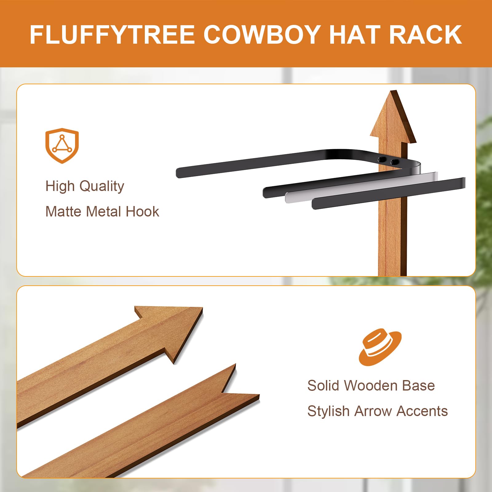 Fluffytree Cowboy Hat Rack, 4 Pieces Wooden Western Rustic Metal Cowboy Hat Hanger With Arrow Sign Board, Gift Cowboy Hat Holder