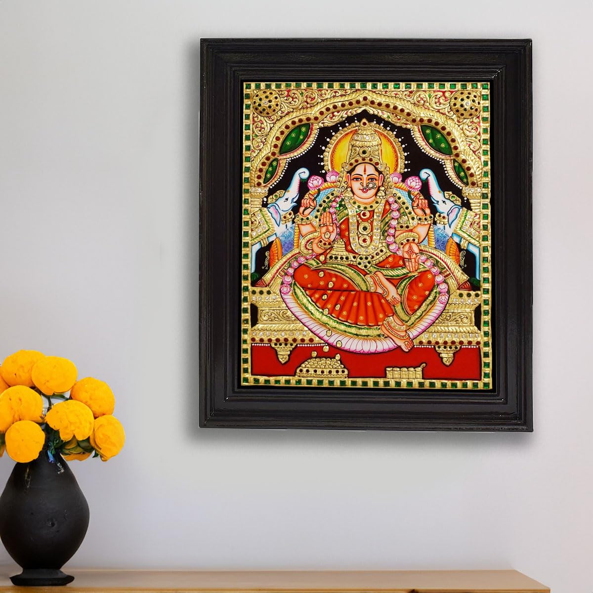 Tarang Arts Gaja Lakshmi Tanjore Paintings With Wooden Frame, 3D Emboss Design, Gold Foil, Jaipur Stones Handwork Painting For H