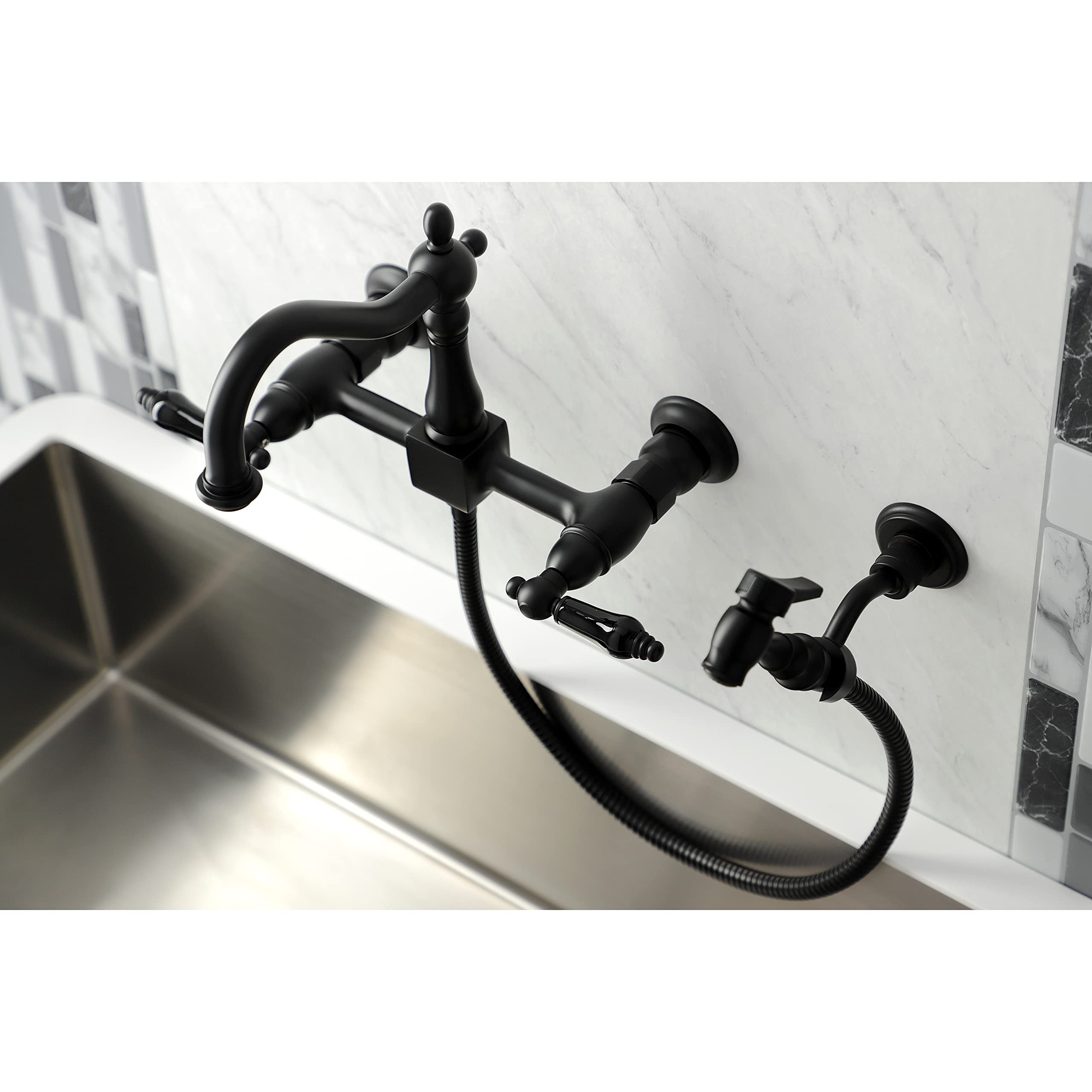 Kingston Brass KS1260PKLBS Duchess Wall Mount Bridge Kitchen Faucet with Brass Sprayer  Matte Black