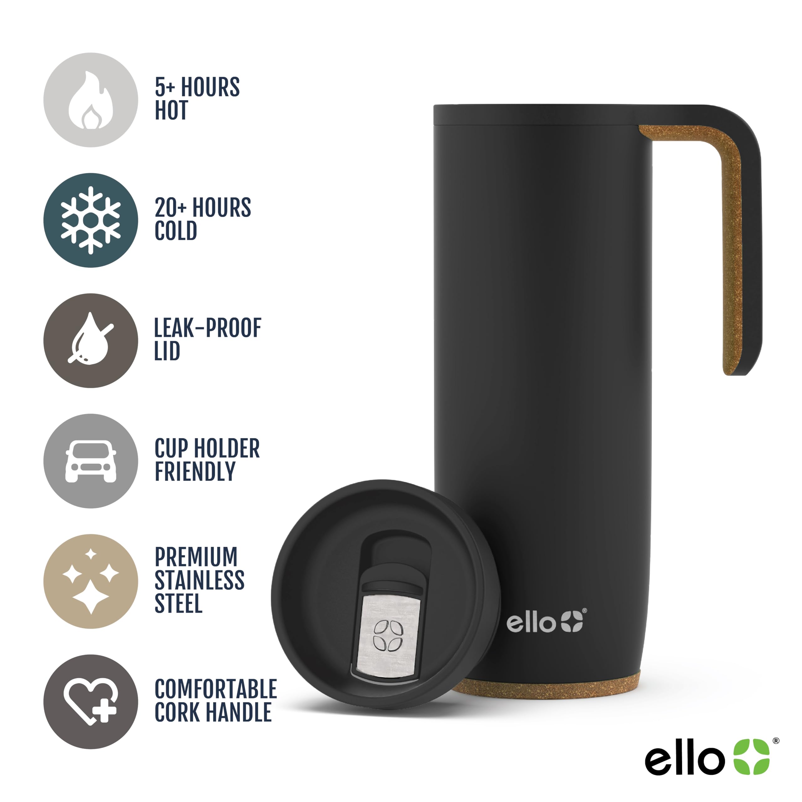 Ello Magnet 18Oz Vacuum Insulated Stainless Steel Travel Mug With Side Handle And Leak-Proof Slider Lid And Built-In Coaster, Ke