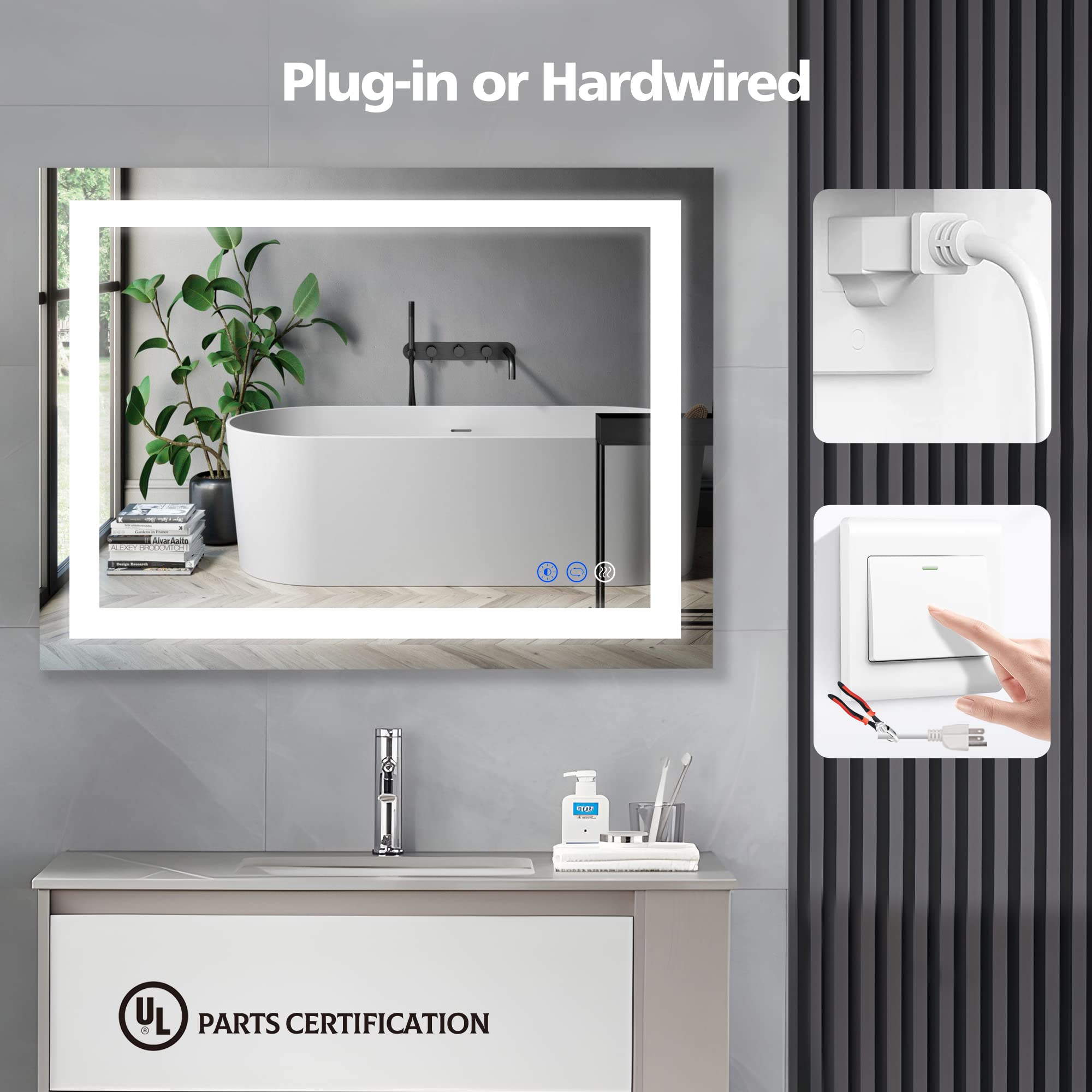 Dr.Lux Led Mirror Bathroom Vanity Mirrors 36X28 Inch, Wall Mounted Anti-Fog Led Makeup Mirror 3000-6000K Adjustable, Memory Dimm