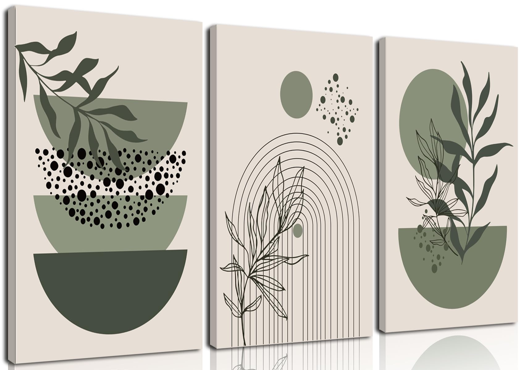 Framed Sage Green Boho Wall Art Set Of 3 Modern Minimalist Boho Geometric Line Posters Abstract Botanical Leaf Sun Moon Canvas P