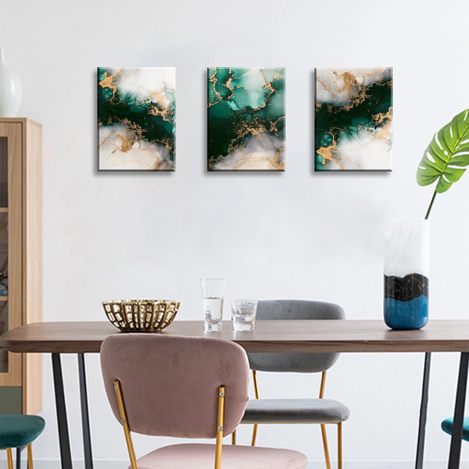 JiazuGo Emerald Green Bathroom Decor Modern Abstract Canvas Wall Art Bedroom Living Room Wall Decor Green and Gold Fluid Abstract Marble Texture Painting Pictures Home Decorations 12'' X 16'' X 3 Pieces