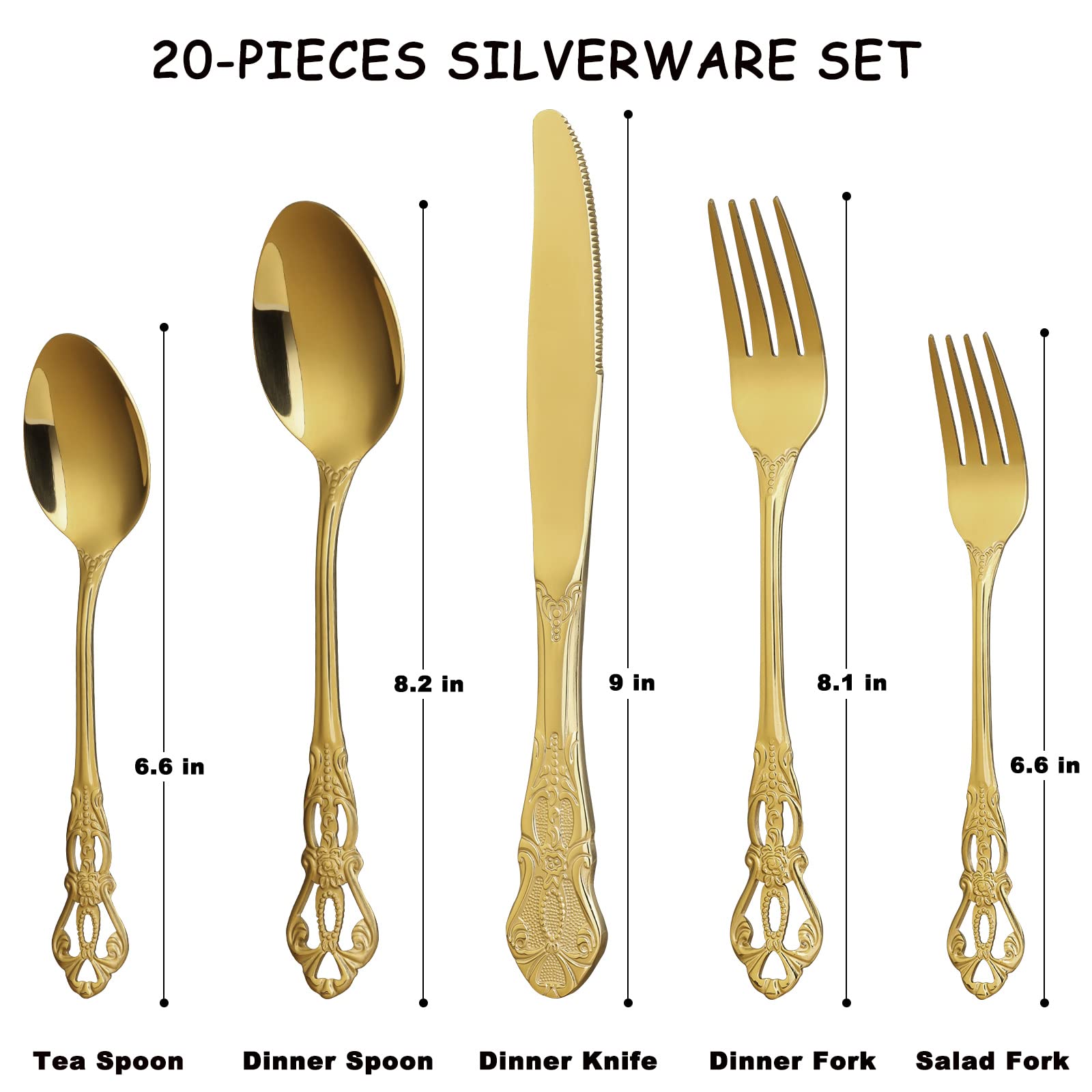 Gold Silverware Set For 4, Stainless Steel Gorgeous Retro Royal Flatware Set, 20-Pieces Cutlery Tableware Set, Kitchen Utensils