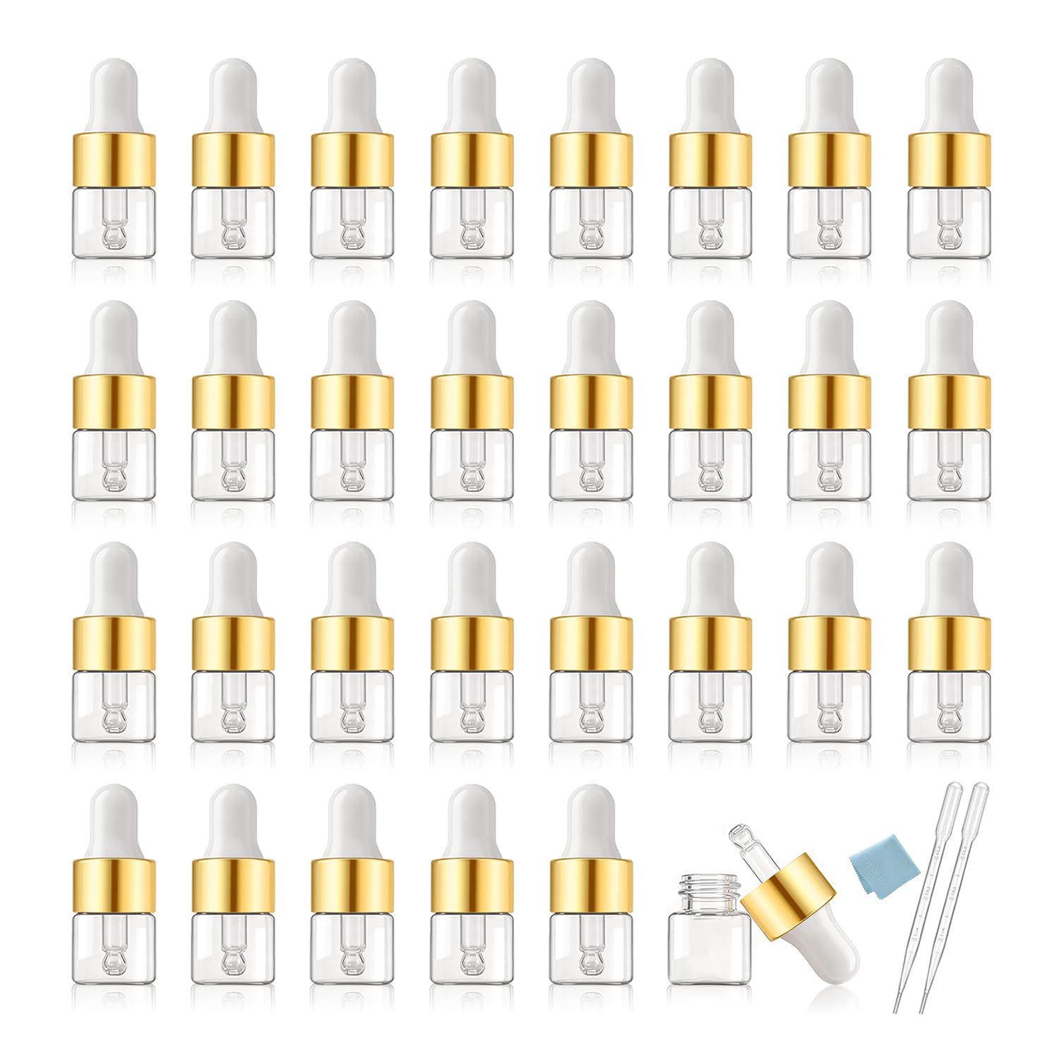 Elfenstall 30Pcs 1ml (1/4 dram) Mini Dropper Bottles Glass Oil Sample Bottles Clear Small Empty Vials Cosmetic Perfume Liquid C