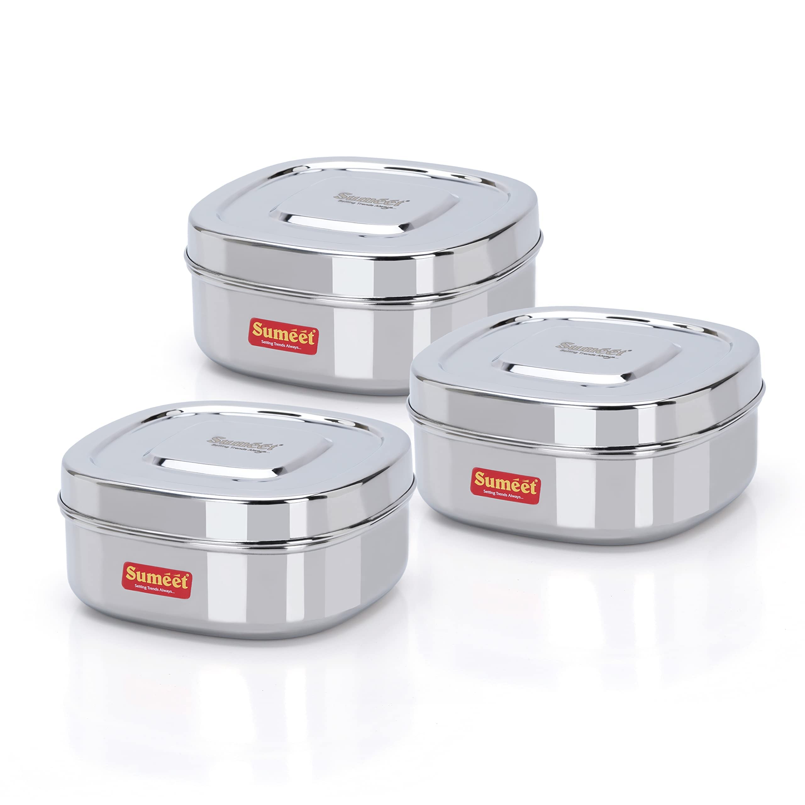Sumeet Stainless Steel Square Storage Containers Box/Dabba For Kitchen, Set Of 3Pcs, 700Ml, 12.5Cm Dia, Silver