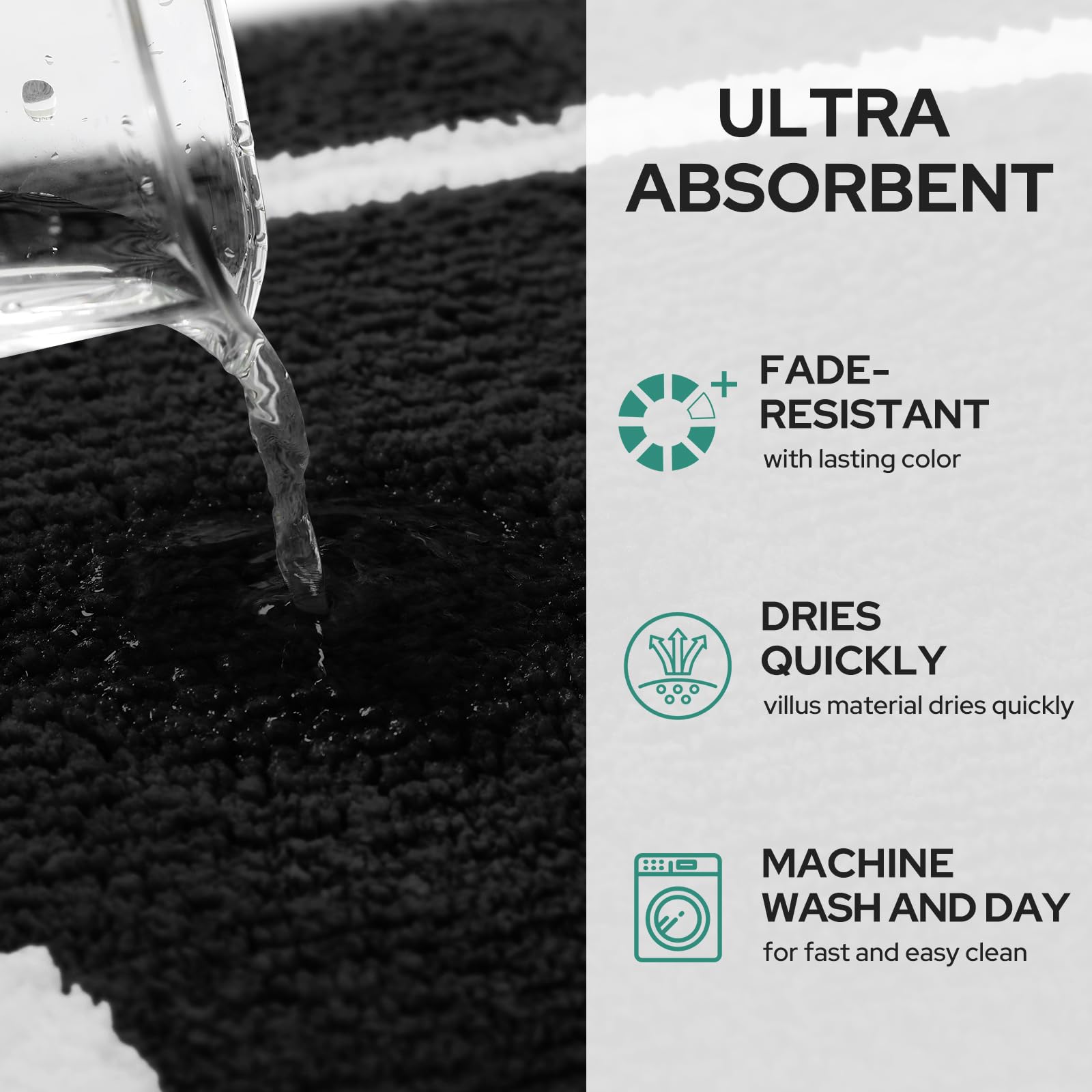 Homeideas Bathroom Runner Rugs, Soft And Water Absorbent Long Bath Mat, Non-Slip Fluffy Soft Plush Microfiber Carpet (Black And