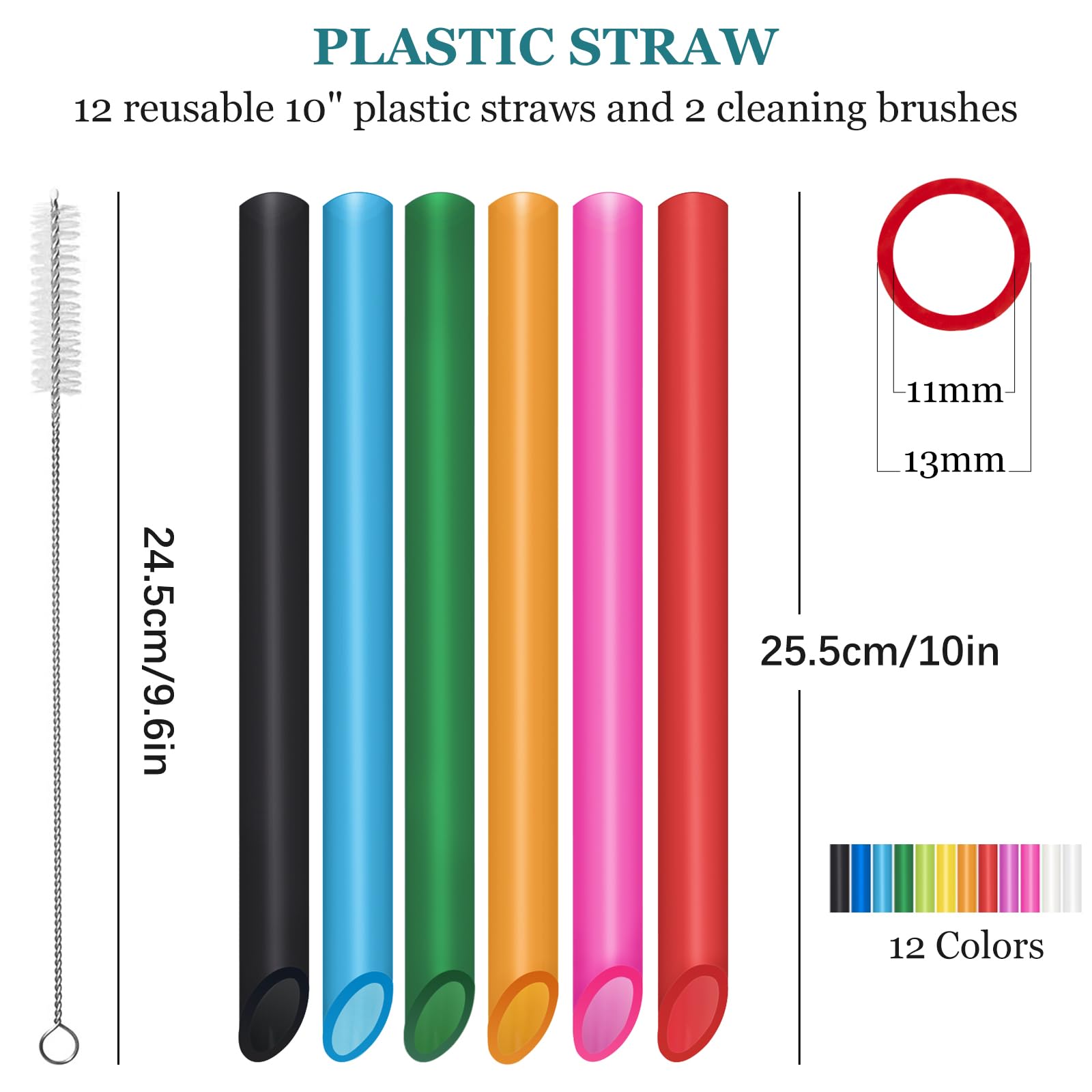 12 Pcs Reusable Boba Straws - Bpa-Free Wide Reusable Plastic Straws For Smoothies, Boba(Tapioca, Boba Pearls) & Shakes With 2 Br