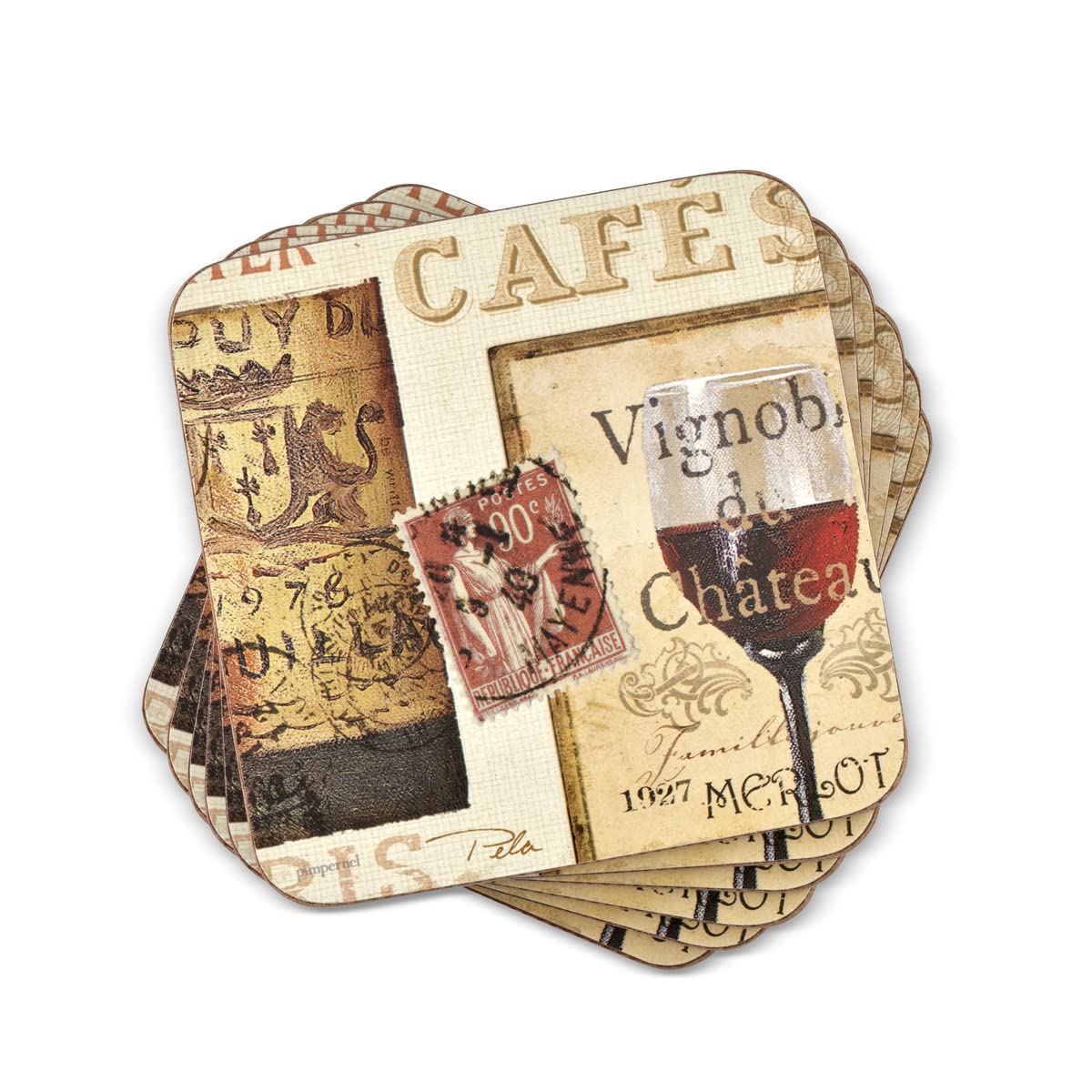 Pimpernel French Cellar Collection Coasters | Set Of 6 | Cork Backed Board | Heat And Stain Resistant | Drinks Coaster For Table