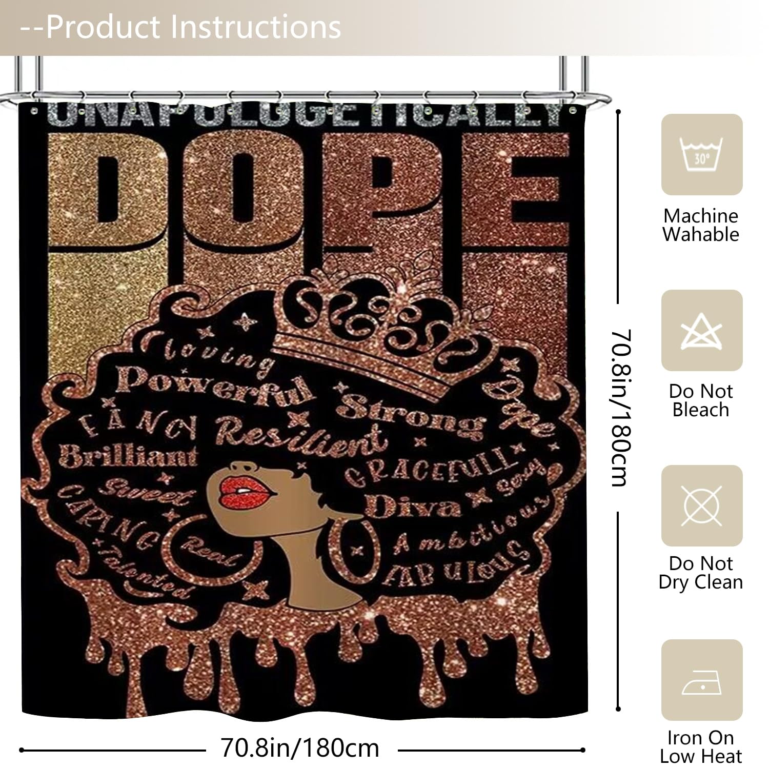 Black Woman Shower Curtain African American Fashion Afro Black Girl Shower Curtains Pink Rose Inspirational Motivational Quotes