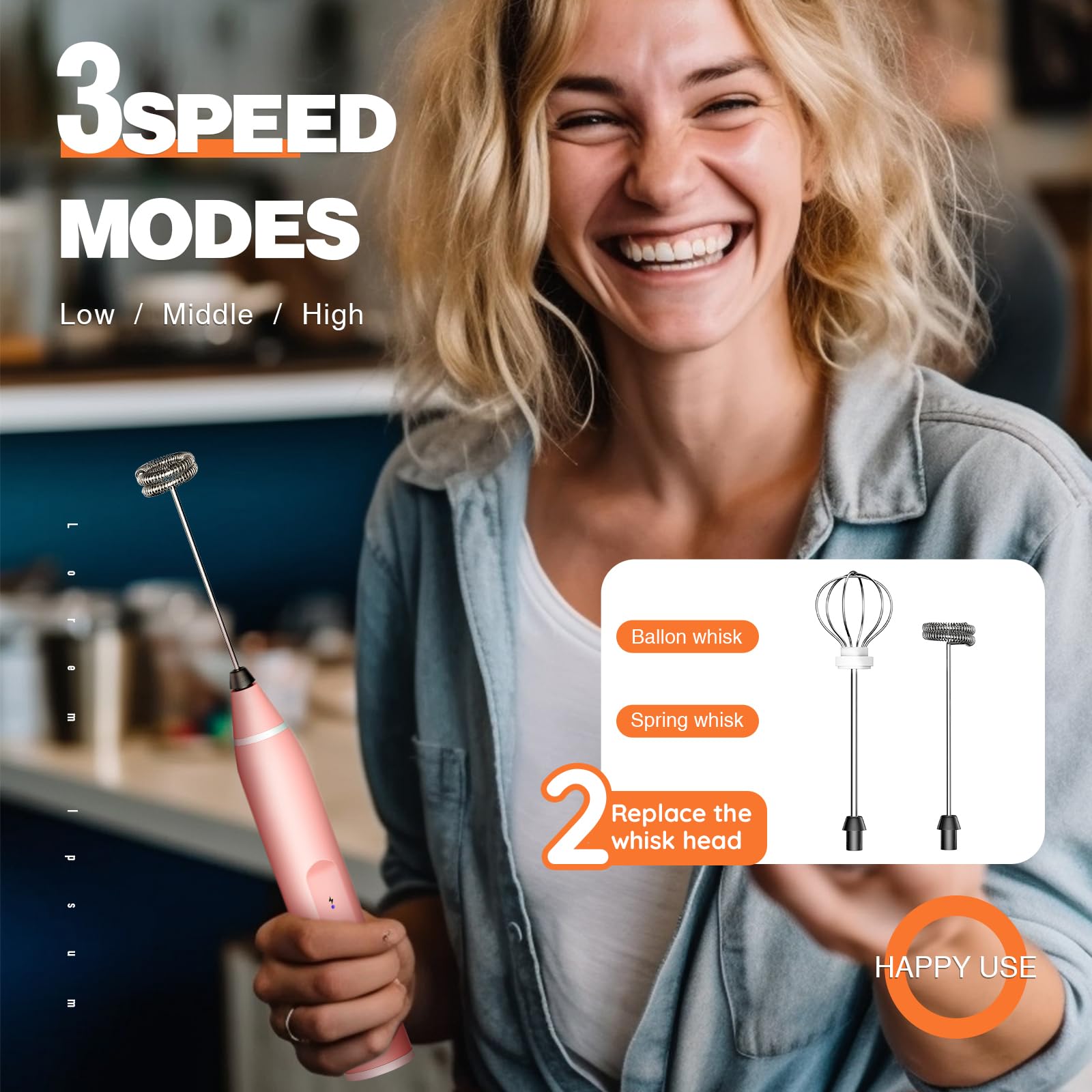 Milk Frother Rechargeable Handheld Electric Whisk Coffee Frother Mixer with 3 Stainless whisks 3 Speed Adjustable Foam Maker Blender for Coffee Matcha Latte Cappuccino Hot Chocolate(Classic Pink)