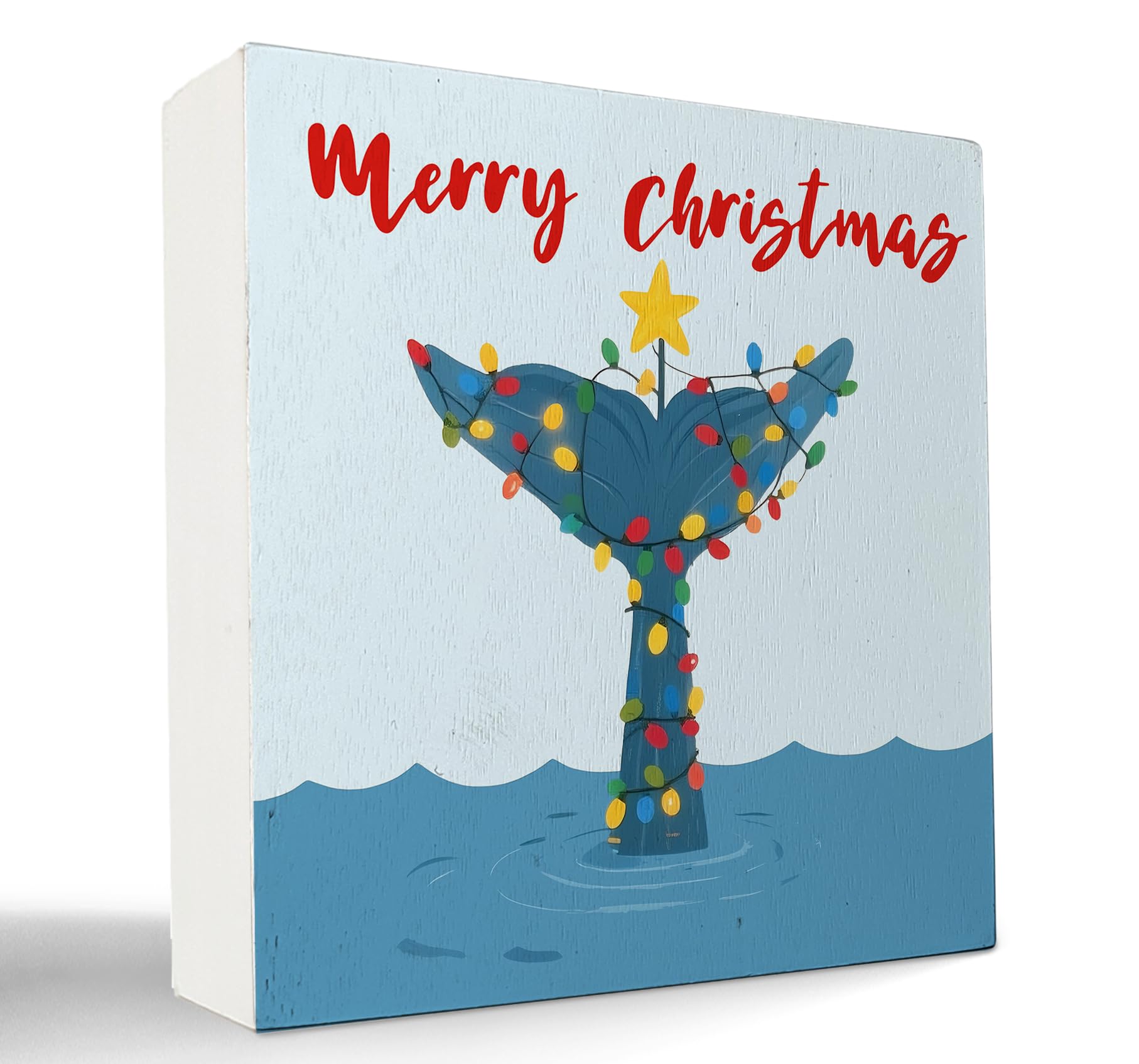 kunlisa Coastal Christmas Whale Tail Wooden Sign, Christmas Beach Decor, Nautical Xmas Ocean Whale Holiday Wood Box Sign for Hom