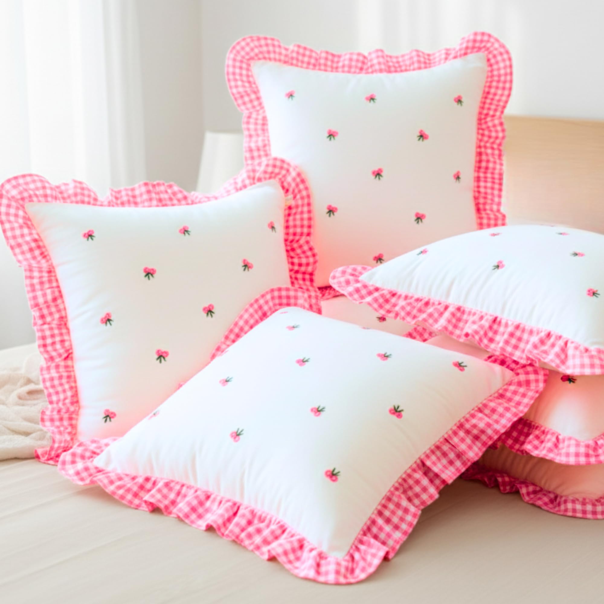 Sleepy Threads Pink & White Square Cotton Cushion Cover Floral Embroidered | Set Of 5 | With Ruffle Frill Edging Throw For Sofa,