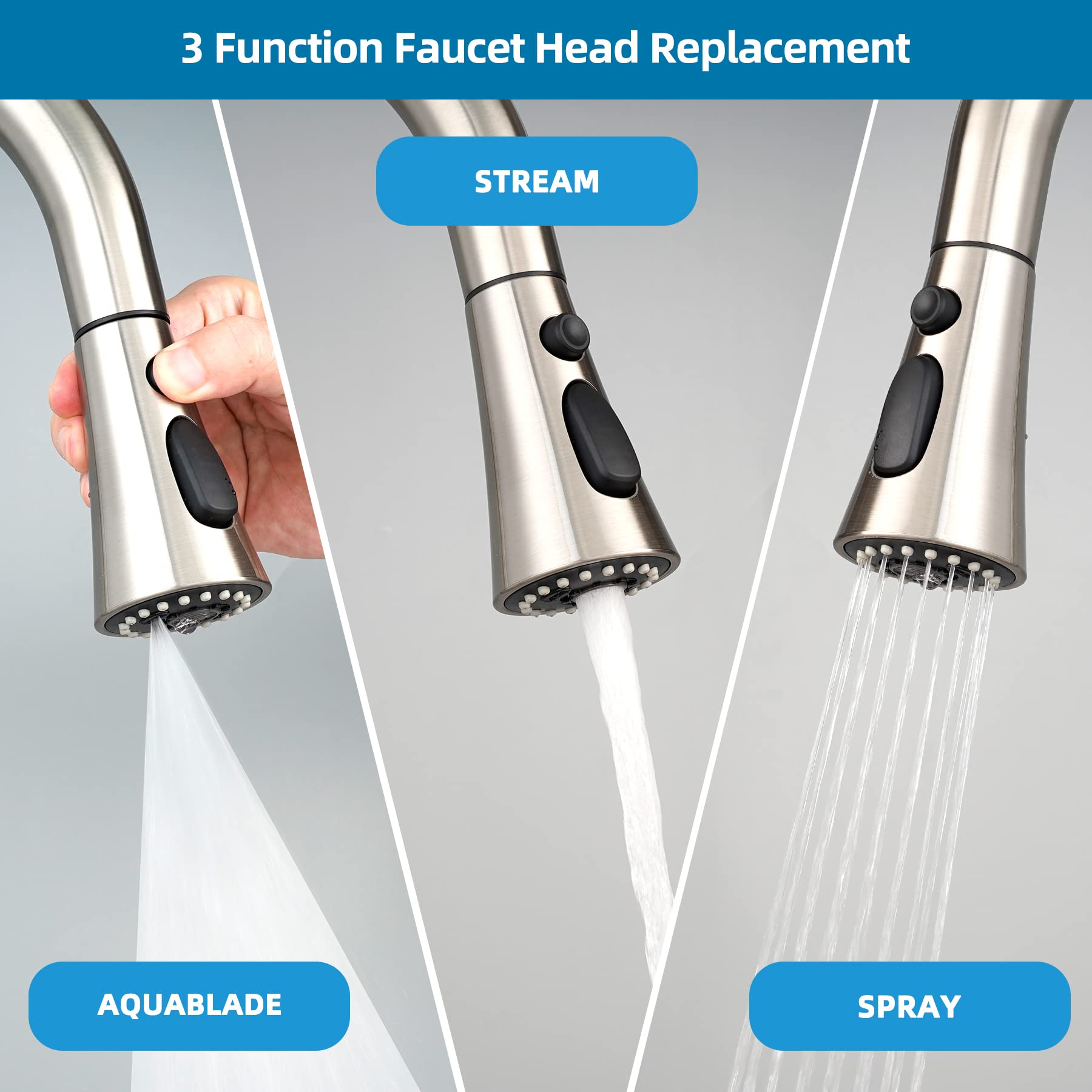 Universal Kitchen Faucet Head Replacement With 15 Adapter Kit Compatible With Kohler/Moen/Delta Faucet, 3 Function Pull Down Sin