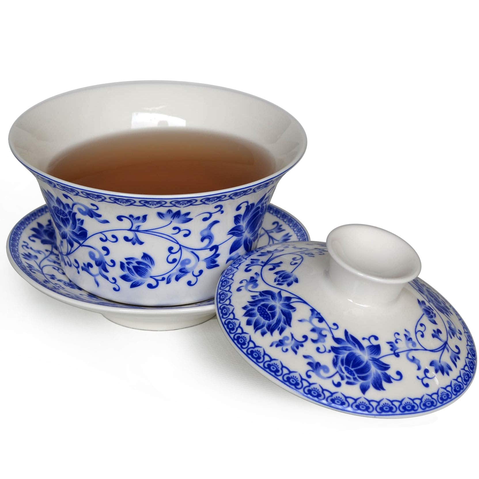 Liang Baobao Traditional Gaiwan Tea Set With Lid And Saucer Gongfu Tea Cup Porcelain Blue Lotus Design Teacups 200Ml