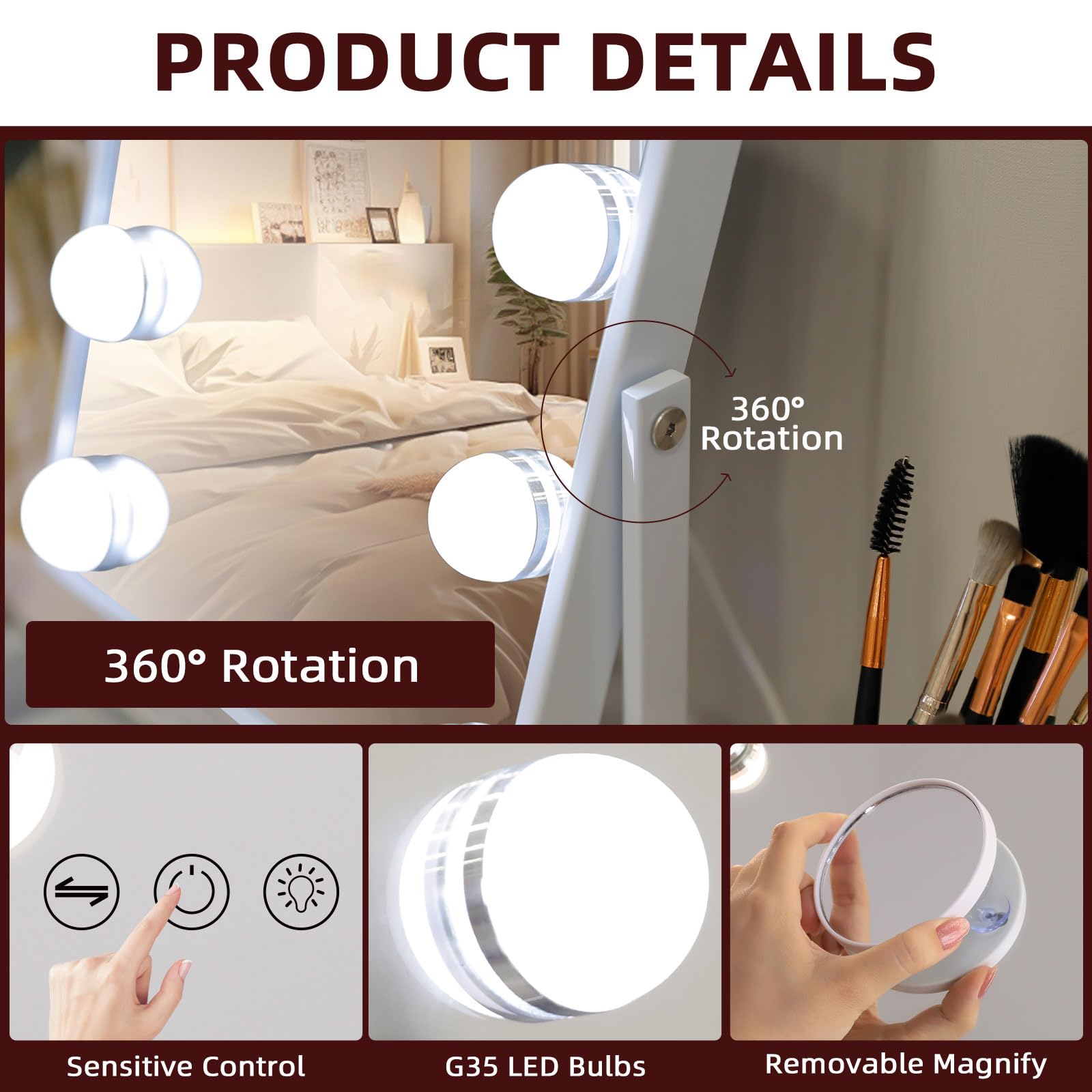 Vanitii Vanity Mirror With Lights Hollywood Lighted Makeup Mirror With 9 Dimmable Bulbs Smart Touch Control 3 Colors Light For B