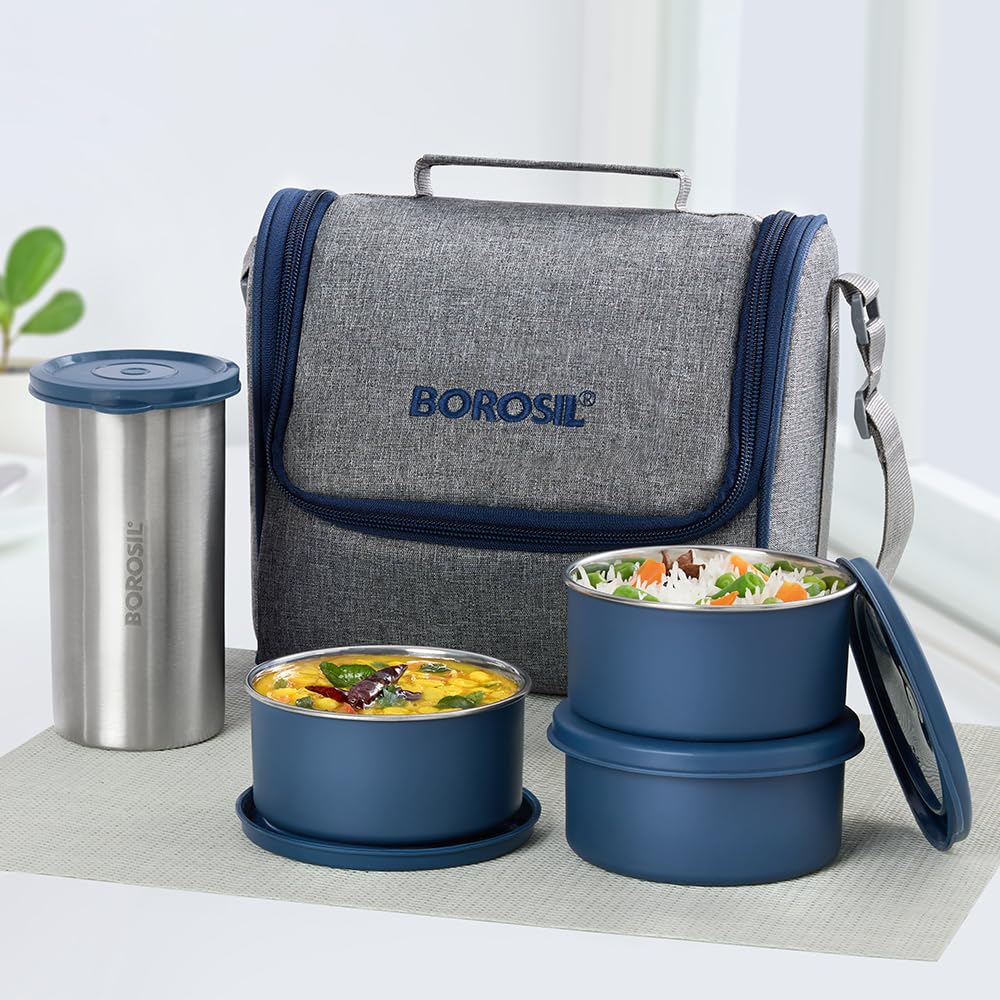 Borosil Carrymore Microwavable Stainless Steel Lunchbox With Bag | 4Pc Set (300Ml X 3 Round Container + 500Ml X 1 Tumbler) | Tif