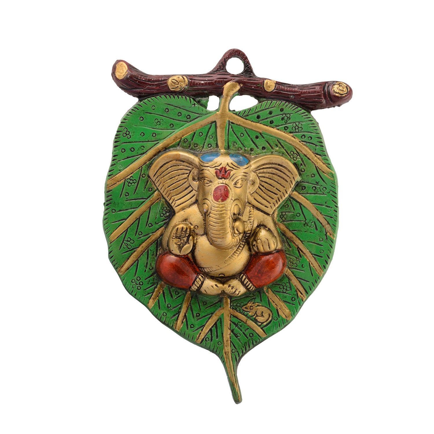 eCraftIndia Golden Metal Lord Ganesha in Red Dhoti on Green Leaf Wall Hanging Decorative showpiece for Home Decor, Wall Decor, P