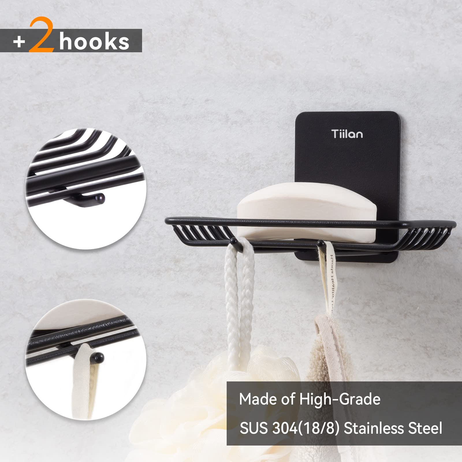 Tiilan Self Adhesive Bar Soap Dish For Shower, Bathroom Soap Holder Wall Mount - Stainless Steel, Black