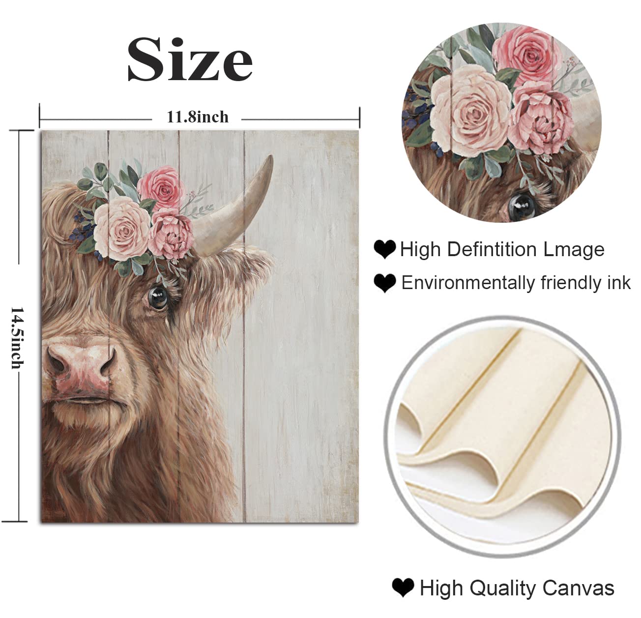 Yelash Highland Cow Canvas Wall Art Farmhouse Animal Picture Wall Decor, Funny Cow Flower Painting Poster Mural For Bedroom 10 X