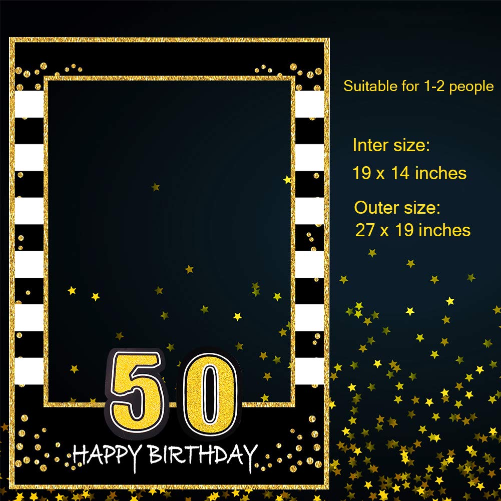 Seasons Stars Glittery 50th Birthday Photo Booth Frame - Black and Gold, Upgraded Version with Support Cardboard, 50-Inch