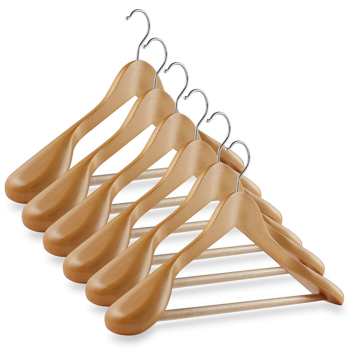 Casafield - 6 Natural Wide Shoulder Wooden Suit Hangers - Premium Lotus Wood, Non-Slip Pant Bar & Chrome Swivel Hook For Dress C