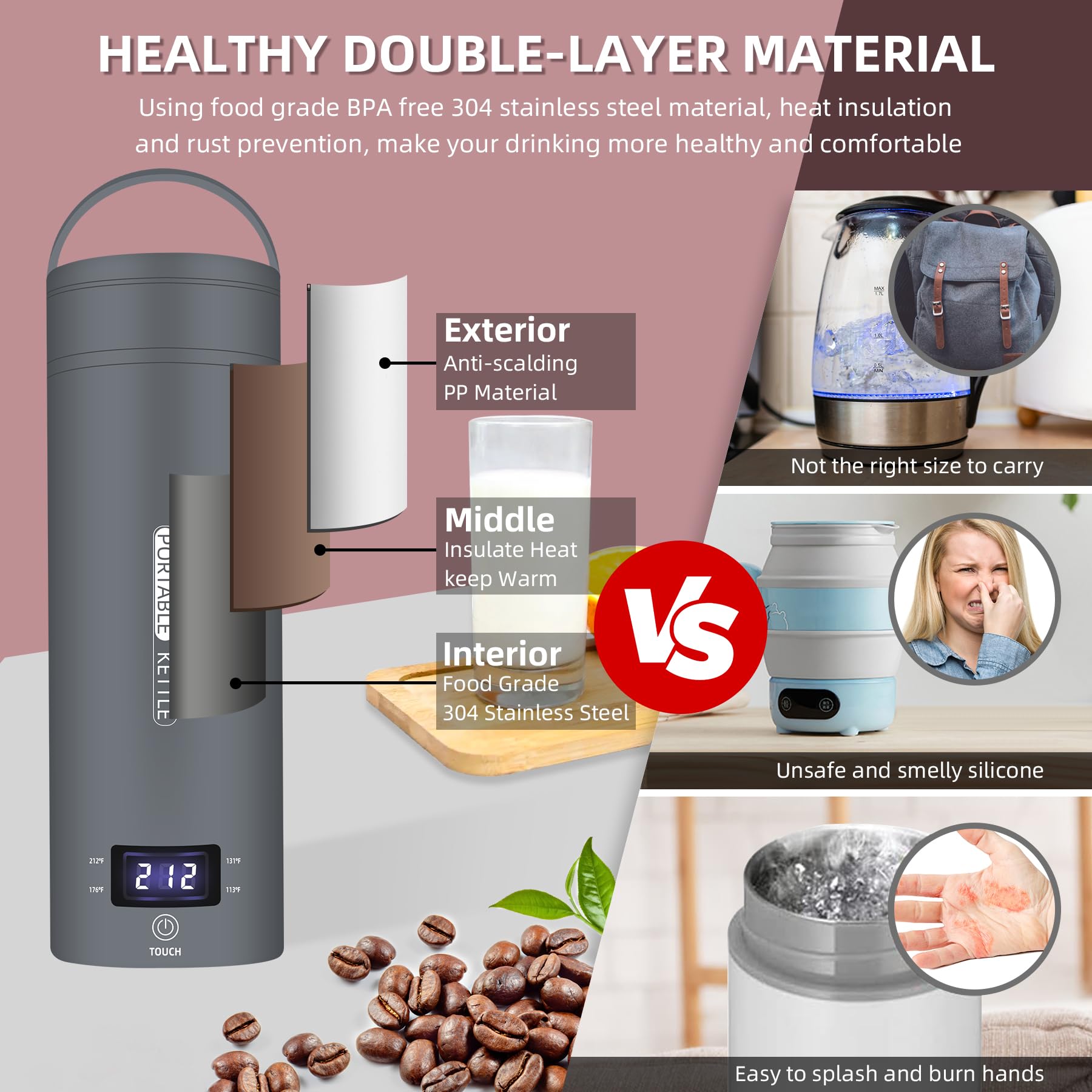 Travel Electric Kettle Portable Small Mini Tea Coffee Kettle Water Boiler, Water Heater With 4 Temperature Control,304 Stainless