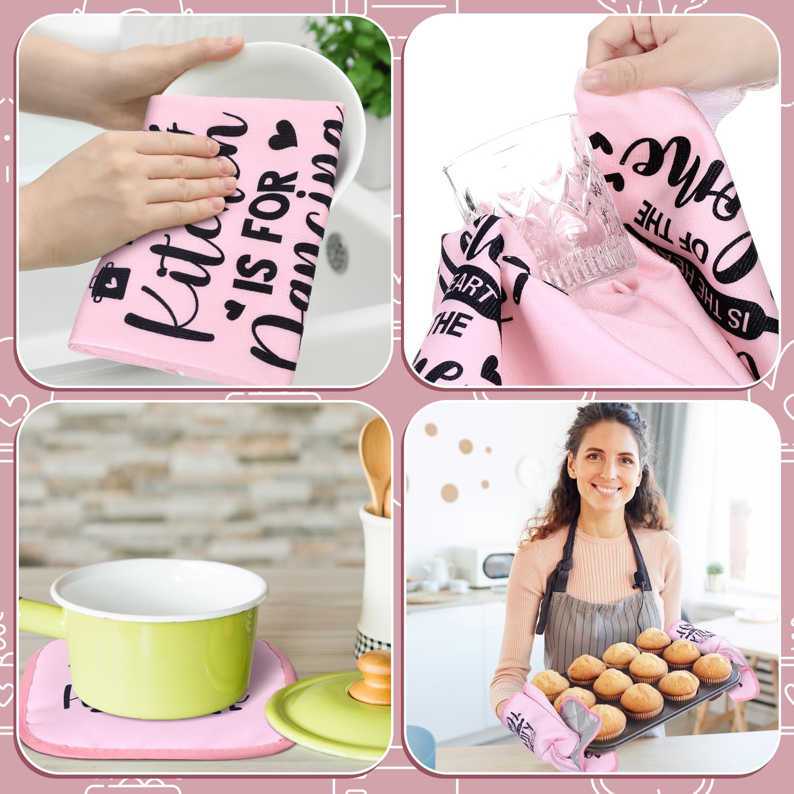 Fourluoo 10 Pcs Christmas Farmhouse Kitchen Decor and Accessories Set 4 Kitchen Towels 2 Pot Holders 2 Oven Mitts 2 Rugs for Tha