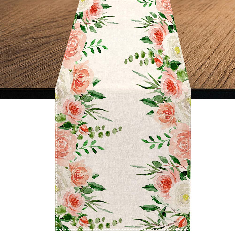 Watercolor Peach Floral Table Runner, Seasonal Summer Greenery Wreath Holiday Kitchen Dining Table Decoration For Home Party Dec