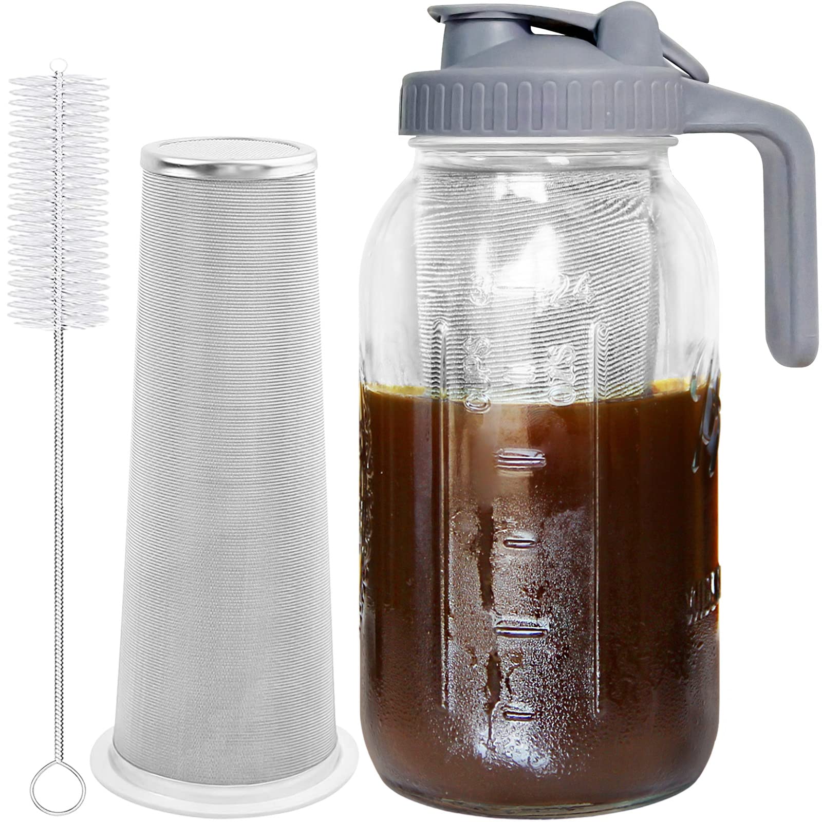 Junvpic Cold Brew Coffee Maker Jar - 64Oz Thick Glass Multipurpose Mason Pitcher Spout Lid With Handle & Stainless Steel Filter