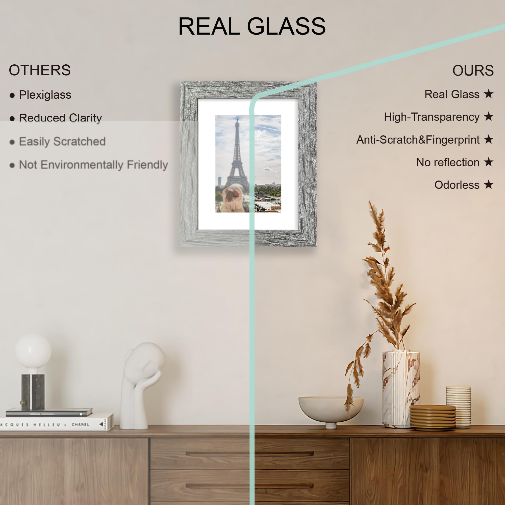 Hongkee 6x8 Picture Frame Set of 4, Made of Real Glass and Grey Frame - Display Picture 4x6 with Mat or 6x8 Without Mat, 6 by 8