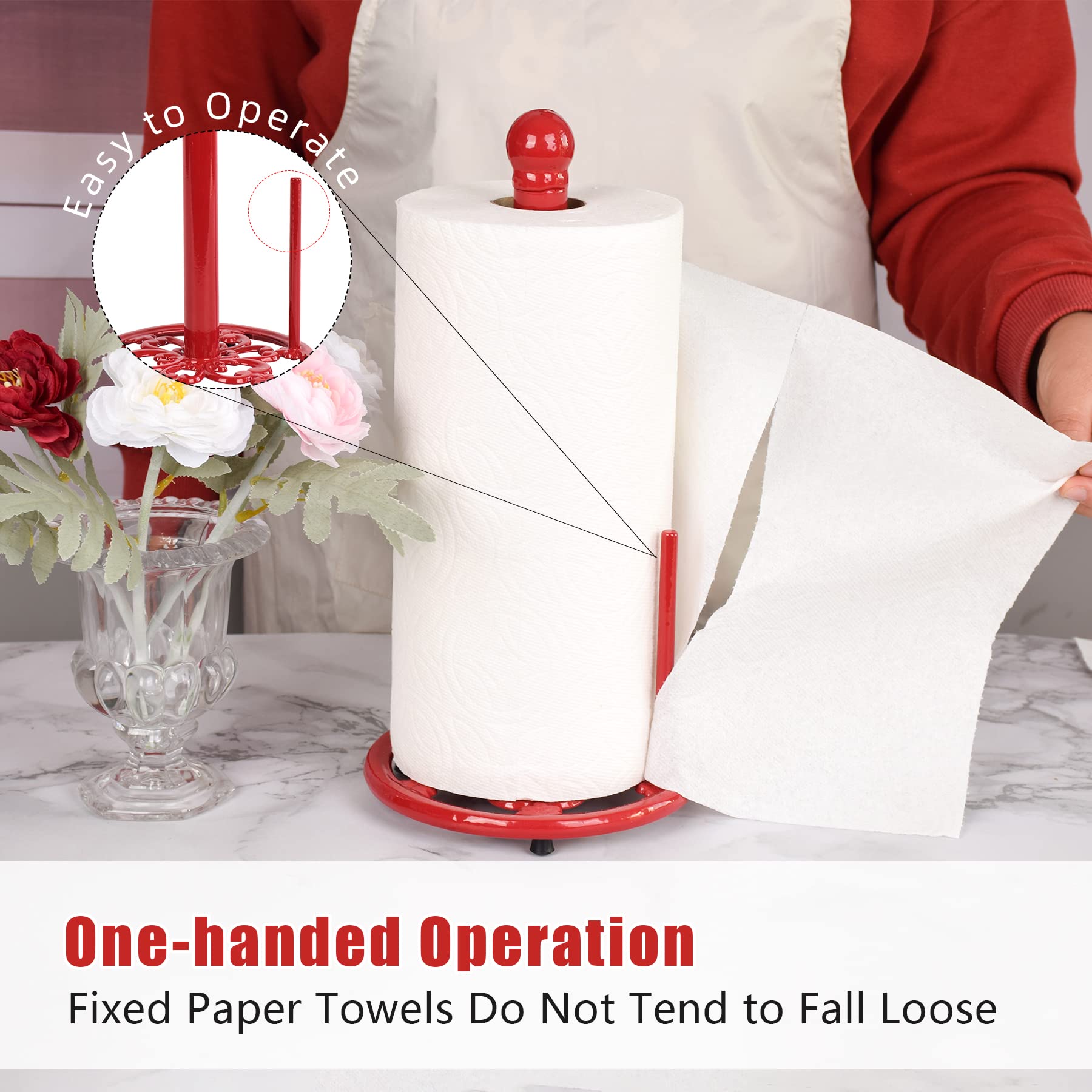 Minluful Vintage Red Cast Iron Paper Towel Holder - Weighted Base, One-Handed Tear For Kitchen Countertops