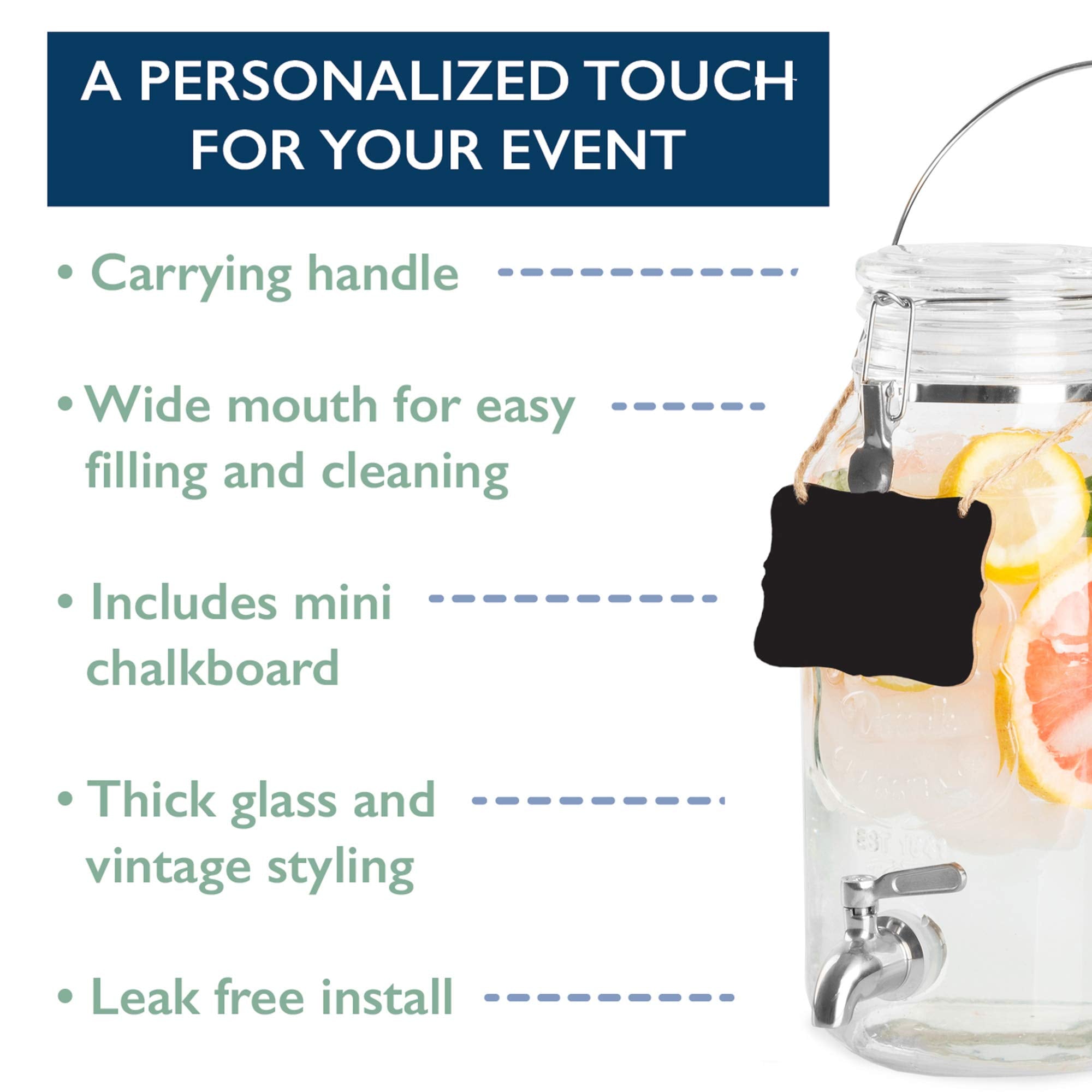 Outdoor Glass Beverage Dispenser with Stainless Steel Spigot  Handle & Hanging Chalkboard - 1 Gallon Drink Dispenser for Lemonade  Tea  Cold Water | Ilyapa is an American Family-Owned Business