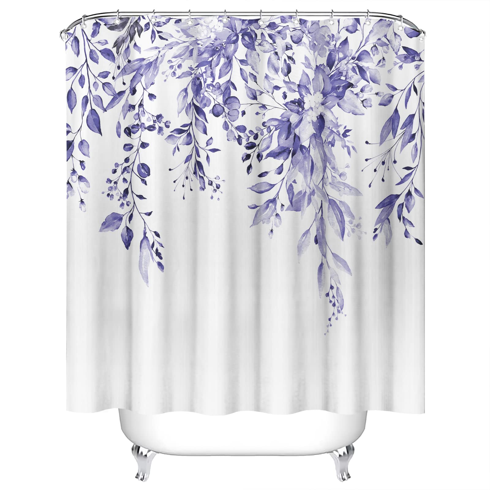 Tititex Very Peri Purple Blue Eucalyptus Shower Curtain Sets, Bright Watercolor Leaves On The Top Plant With Floral Bathroom Dec
