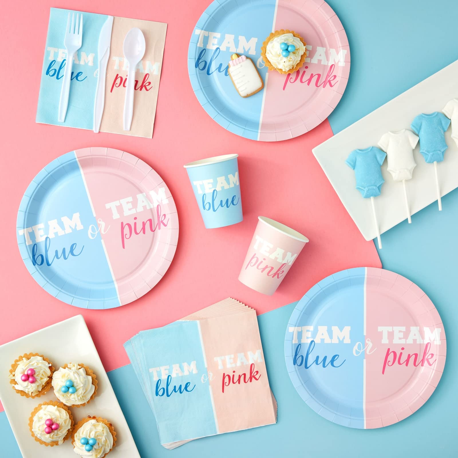 BLUE PANDA Paper Gender Reveal Tableware Set - Team Boy & Team Girl Tableware - Party Supply for 24 Guests - Durable Gender Reve
