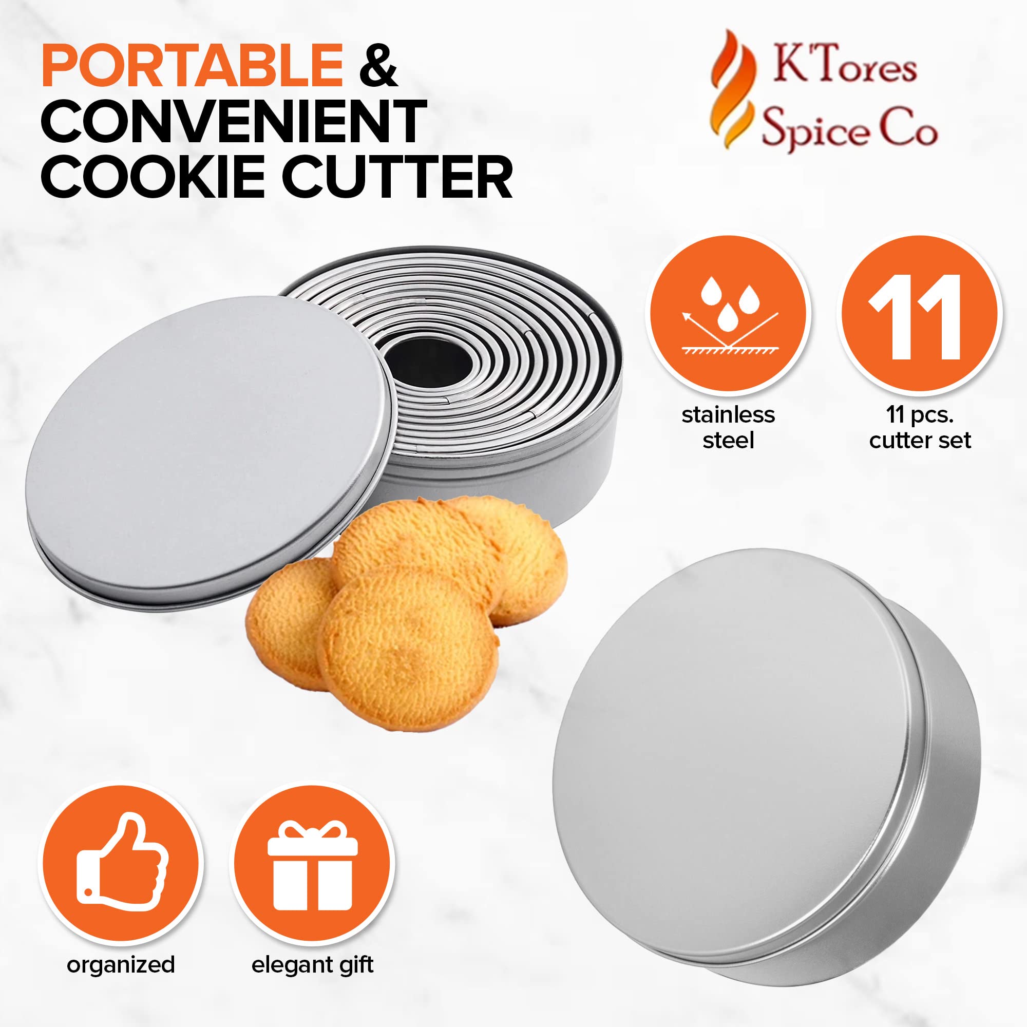 K'TORES SPICE CO Stainless Steel Cookie Cutter Set - 11 Piece Round Baking Pastry Cutters in Steel - Model KTR-169-10021