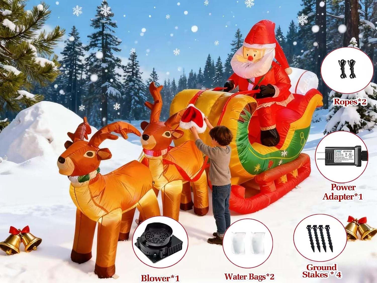 8 FT Christmas Inflatables Santa Claus in Sleigh with Two Reindeer Outdoor Decorations Blow Up Yard Santa Claus with Built-in LE