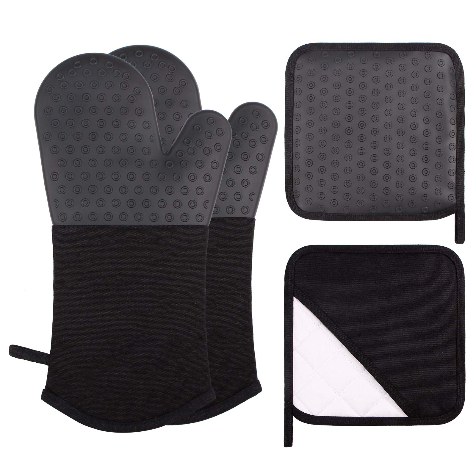 Webake Oven Mitts and Pot Holders Set of 4, 2 pcs Long Silicone Baking Oven Gloves and 2 pcs Silicone Hot Pads with Pocket for O