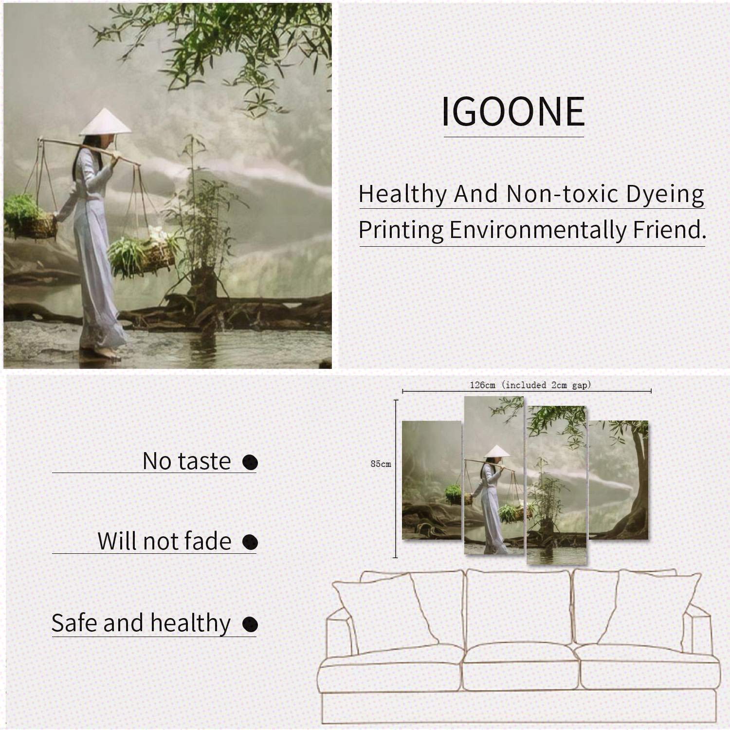 Igoone 4 Panels Canvas Paintings - The Vietnamese Girl In The Traditional Dress Is Carrying A Basket With - Wall Art Modern Post