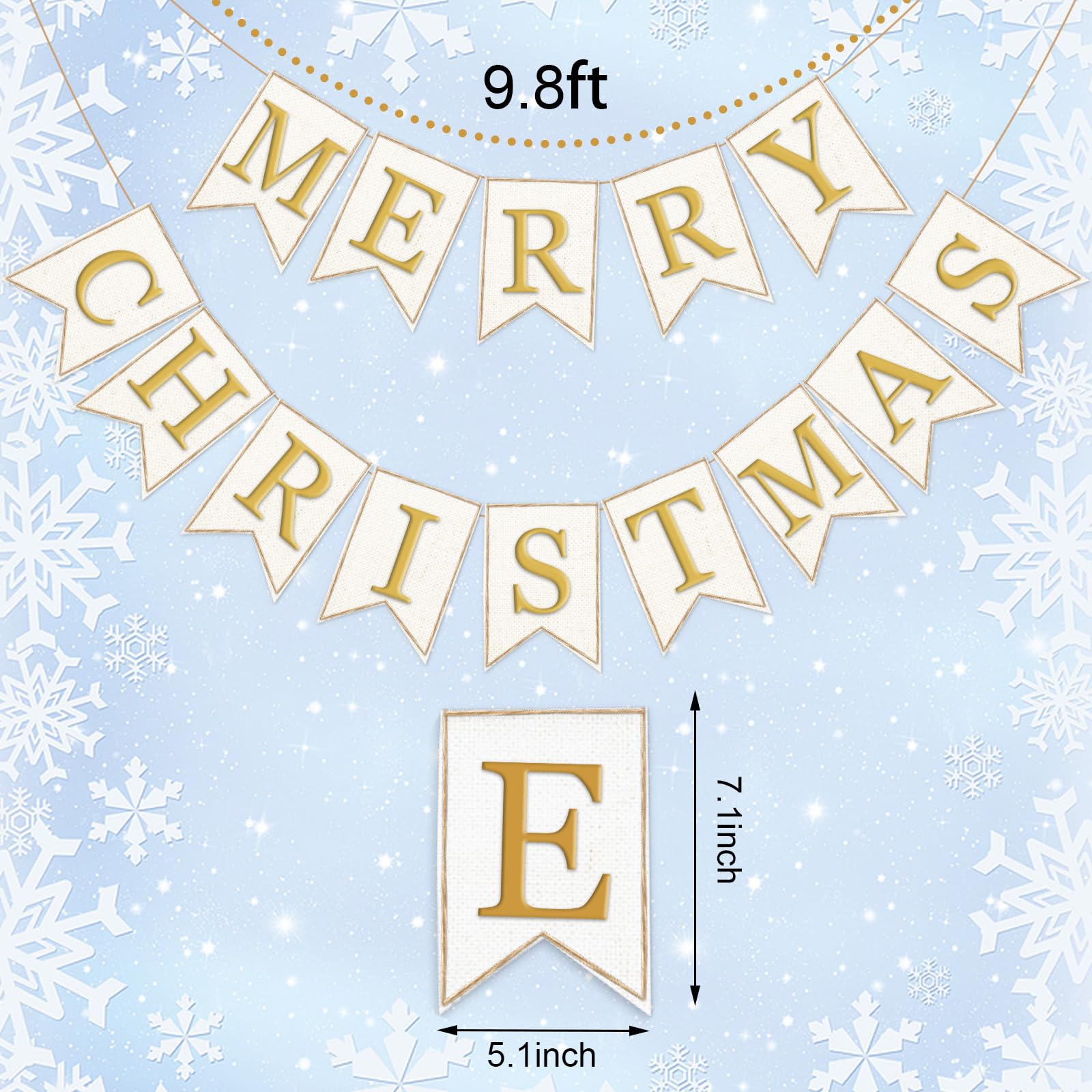 Whaline 2Pcs Christmas Burlap Banner Felt Merry Christmas Banner Gold White Pre-Assembled Xmas Bunting Garland For Home Party Ha