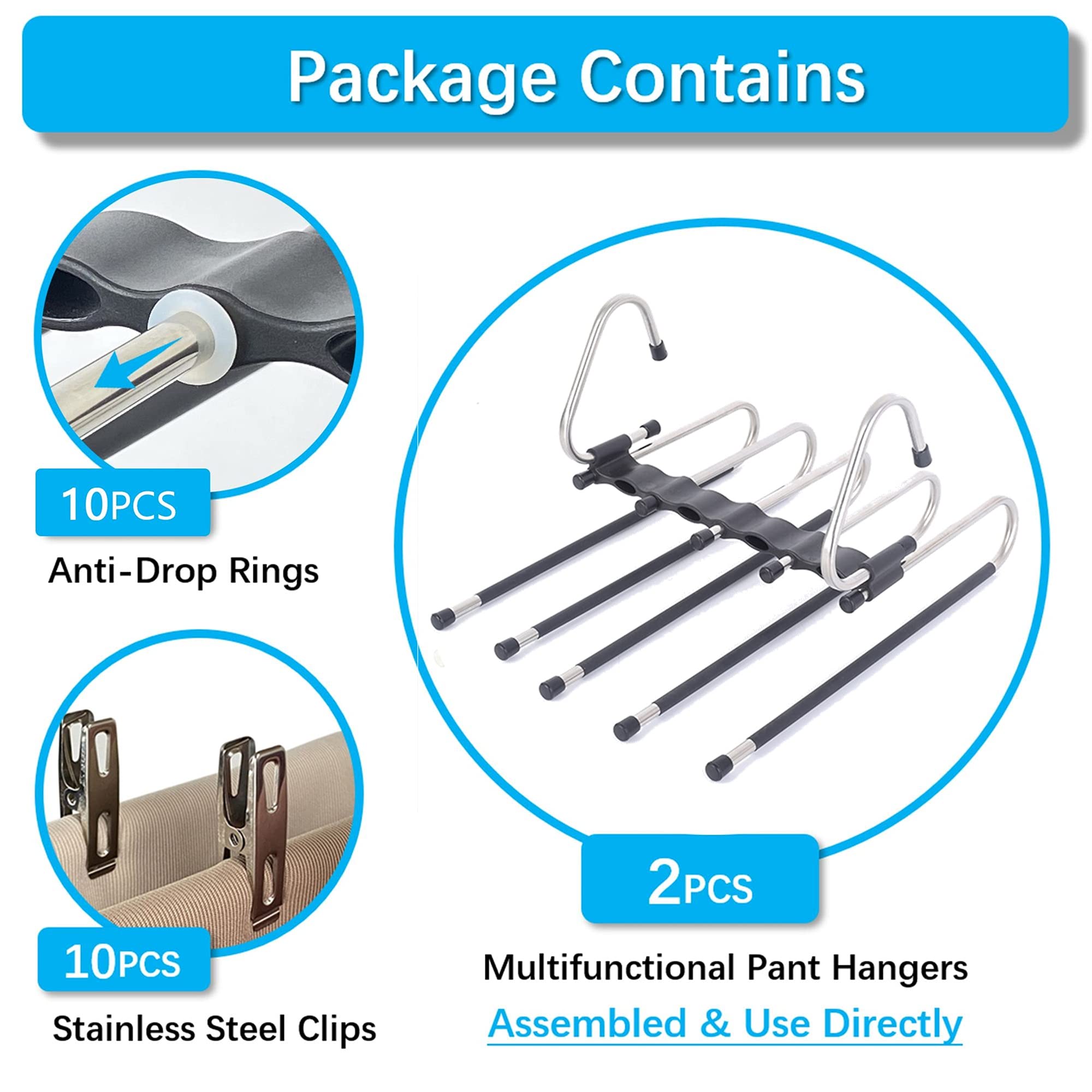 Magic Pants Hangers Space Saving - 2 Pack for Closet Multiple Layers Multifunctional Uses Rack Organizer for Trousers Scarves Slack ( 2 Pack with 10 Metal Clips )