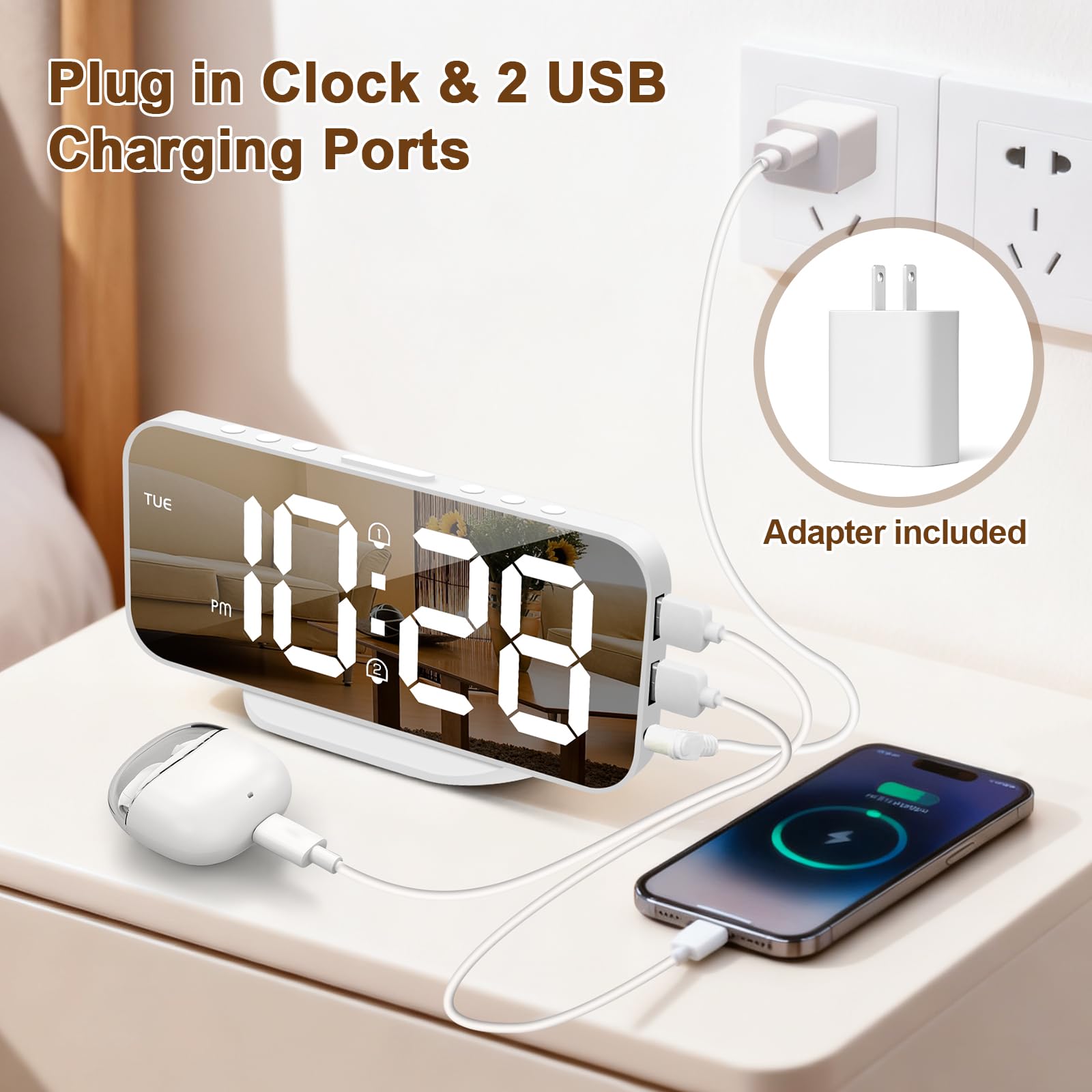 ALANAS Slim Digital Alarm Clock for Bedrooms, Dual Alarms with Snooze, Big LED Mirror Display, 4-Level Dimmer & 2 USB Ports, Bat