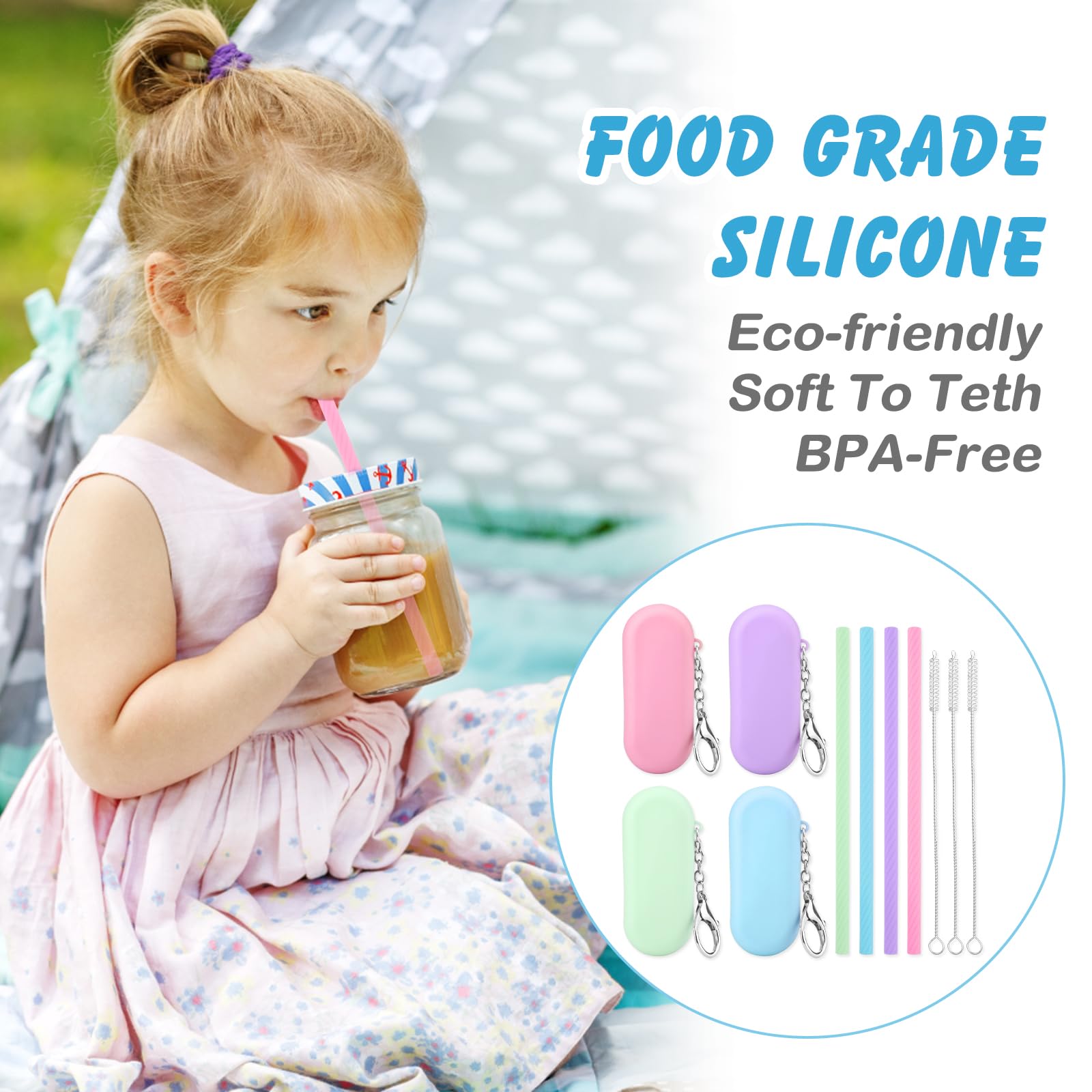 Cobee 4 Sets Reusable Silicone Straws Kit, Foldable Drinking Straws, Portable Straws Colorful Storage Box With Keychain For Trav