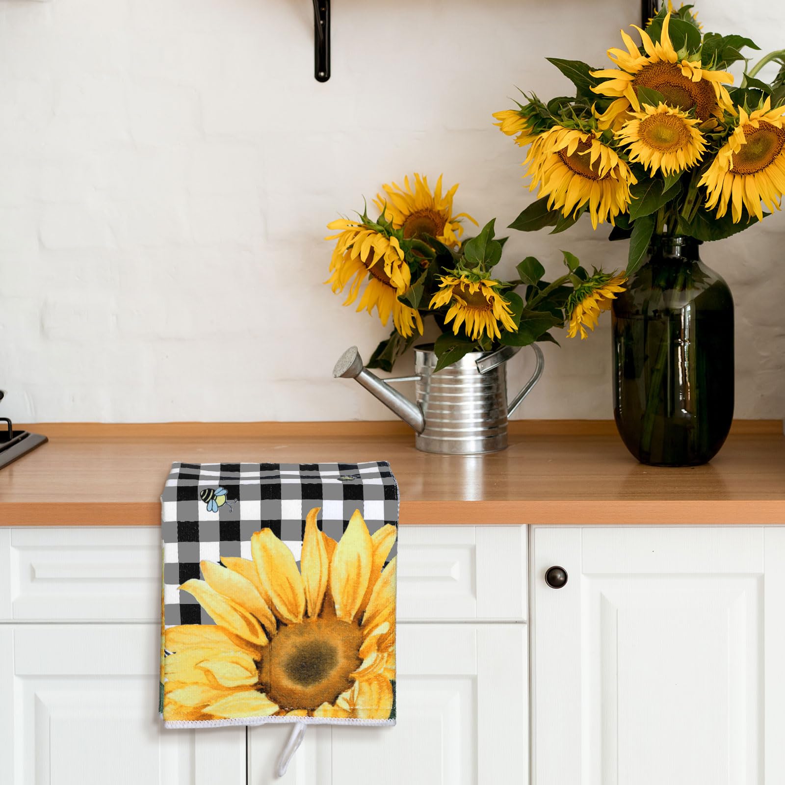 Bencailor 4 Pcs Sunflower Kitchen Towels Christmas Thanksgiving Flower Floral Hand Dish Towels Yellow Buffalo Grid Fast Drying D